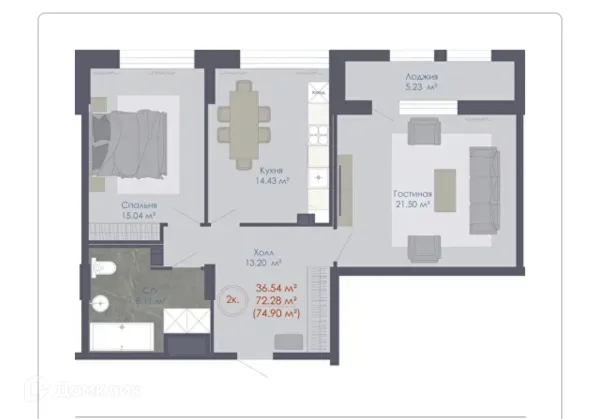 Планировка 2 комн. в ЖК Дом 48