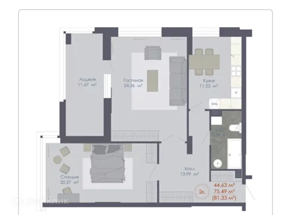 Планировка 2 комн. в ЖК Дом 48