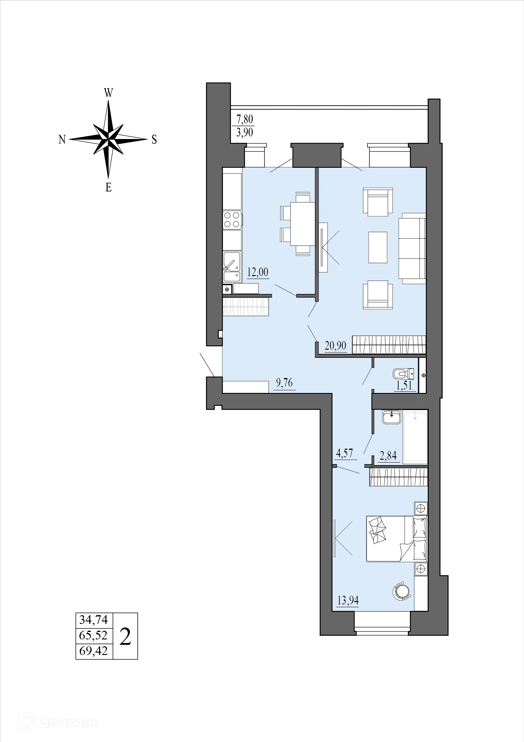 Планировка 2-комнатной квартиры 69.42 м² в ЖК Зеленая долина, г. Воронеж — фото 1