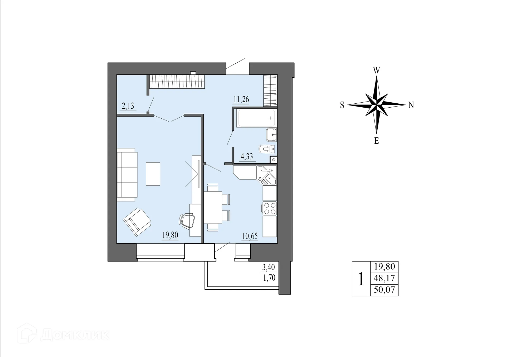 Планировка 1-комнатной квартиры 50.07 м² в ЖК Зеленая долина, г. Воронеж — фото 1