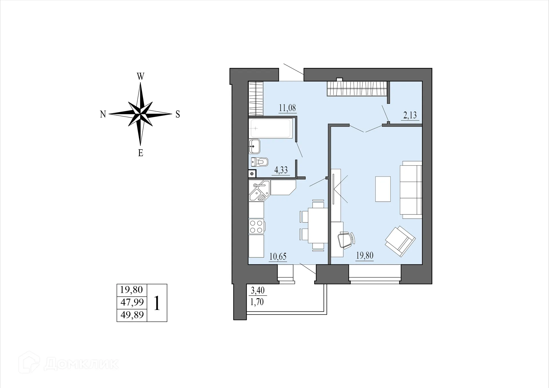 Планировка 1-комнатной квартиры 49.89 м² в ЖК Зеленая долина, г. Воронеж — фото 1