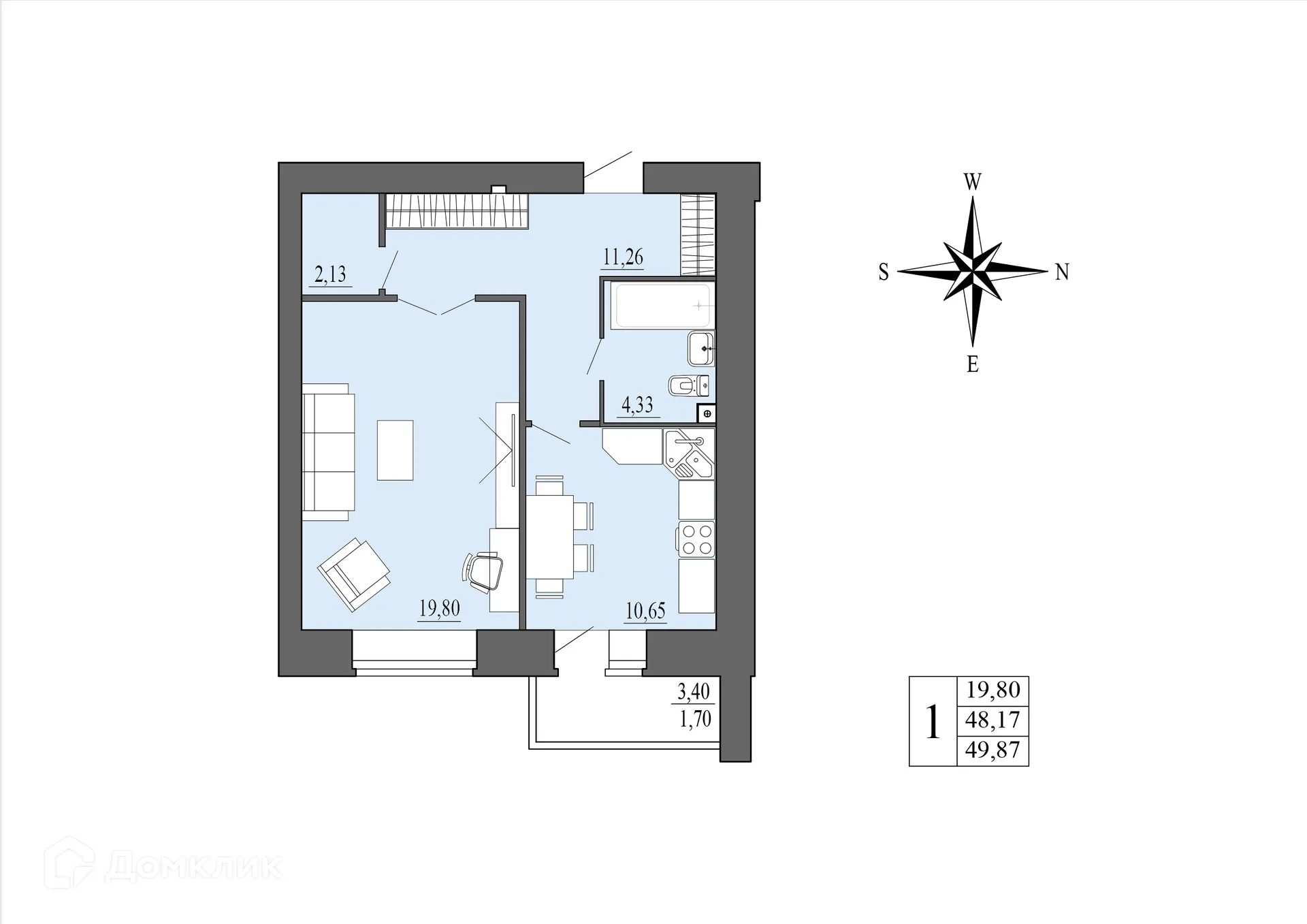 Планировка 1-комнатной квартиры 49.87 м² в ЖК Зеленая долина, г. Воронеж — фото 1