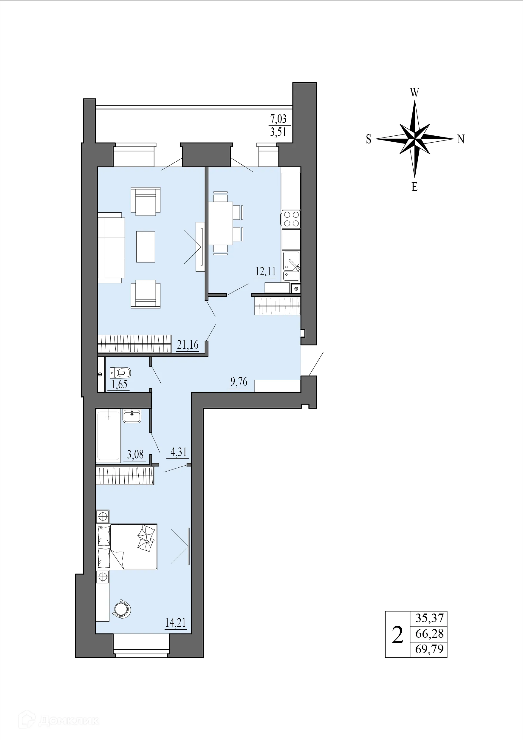 Планировка 2-комнатной квартиры 69.79 м² в ЖК Зеленая долина, г. Воронеж — фото 1