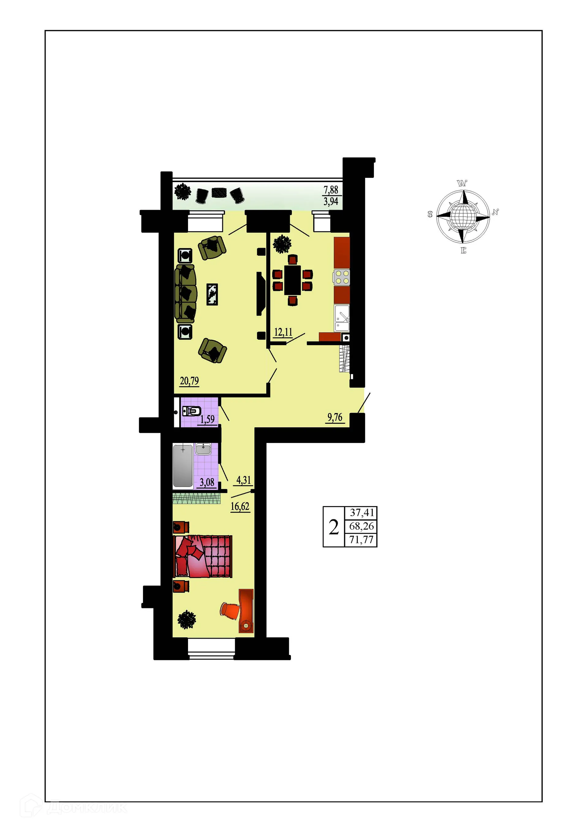 Планировка 2-комнатной квартиры 71.77 м² в ЖК Зеленая долина, г. Воронеж — фото 2