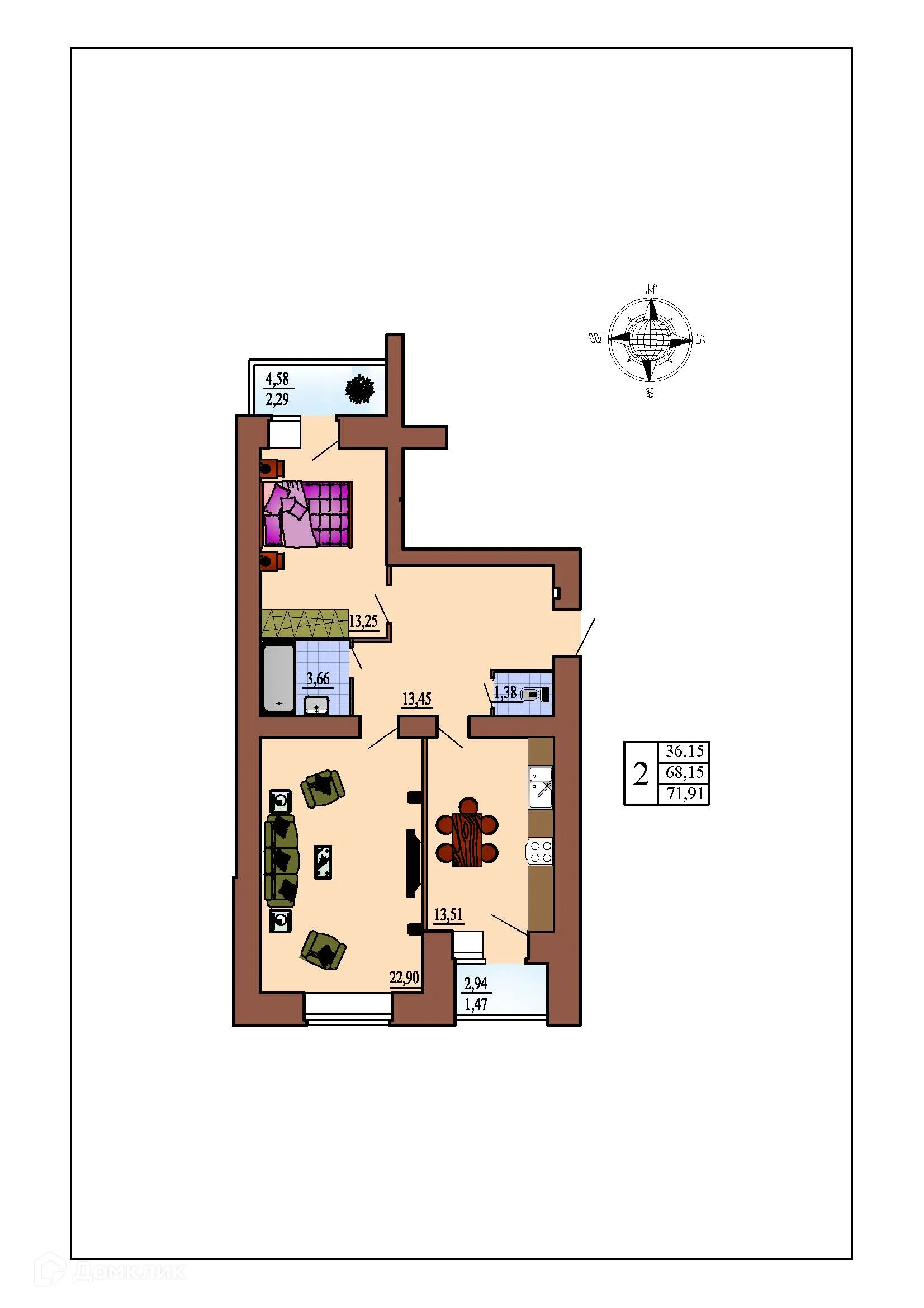 Планировка 2-комнатной квартиры 71.91 м² в ЖК Зеленая долина, г. Воронеж — фото 2