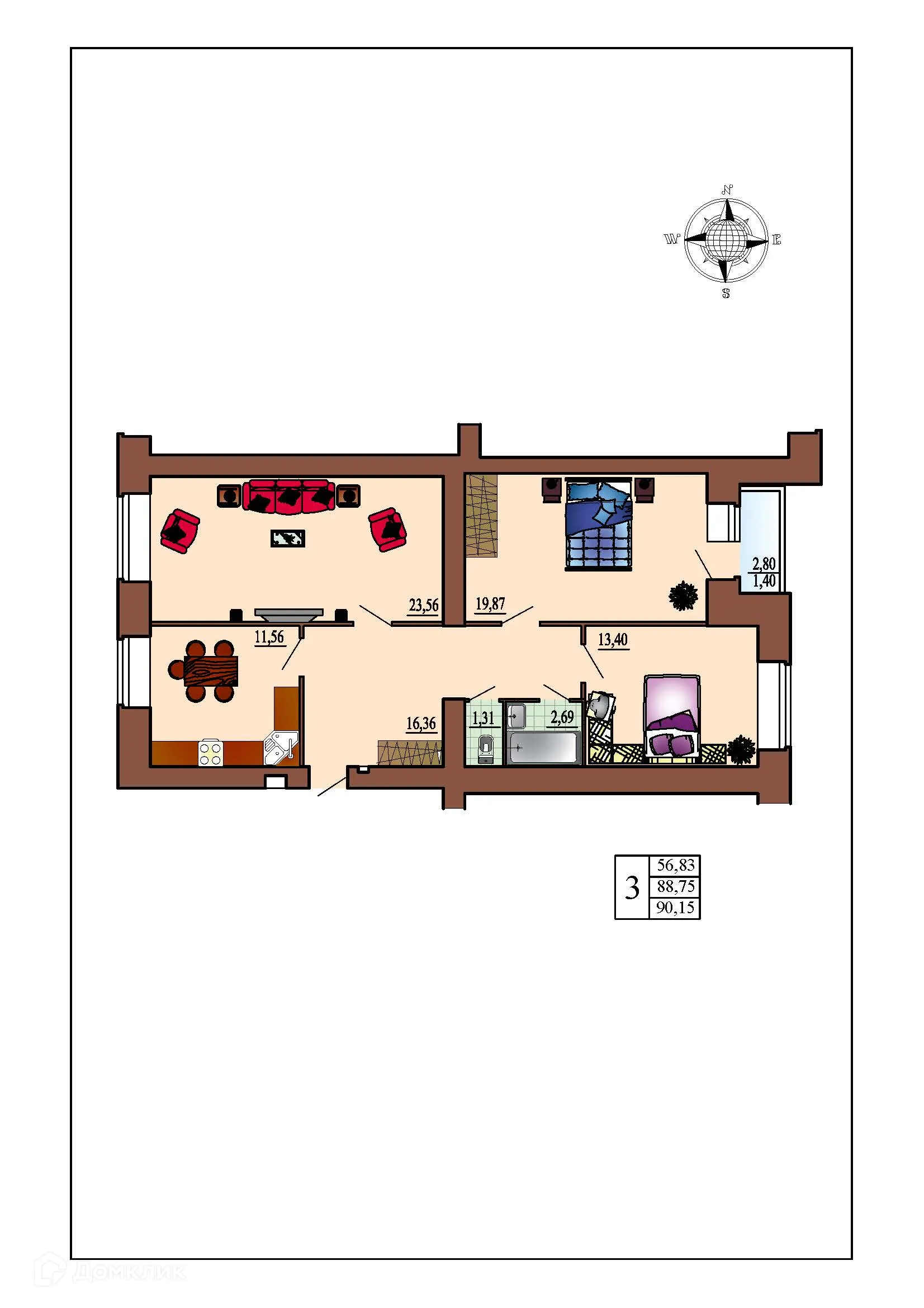 Планировка 3-комнатной квартиры 90.15 м² в ЖК Зеленая долина, г. Воронеж — фото 1