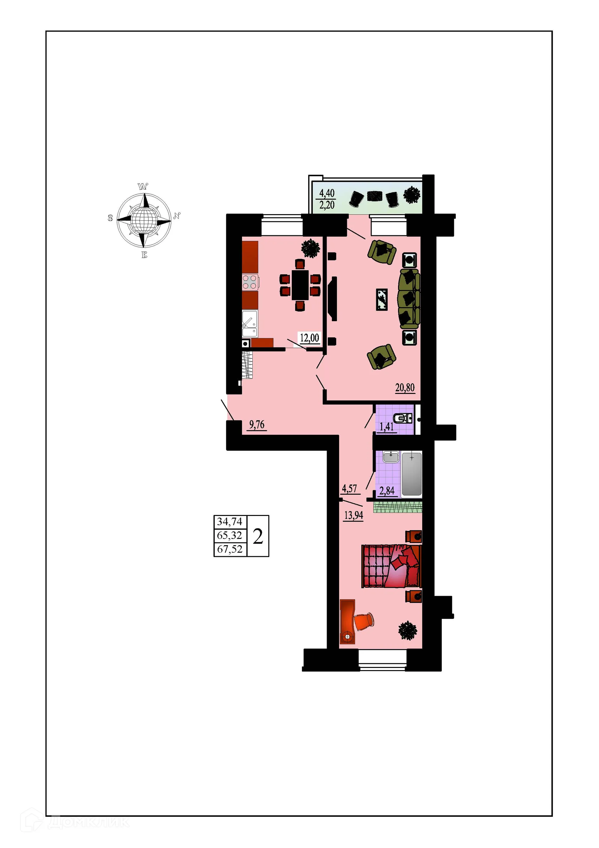 Планировка 2-комнатной квартиры 67.52 м² в ЖК Зеленая долина, г. Воронеж — фото 2