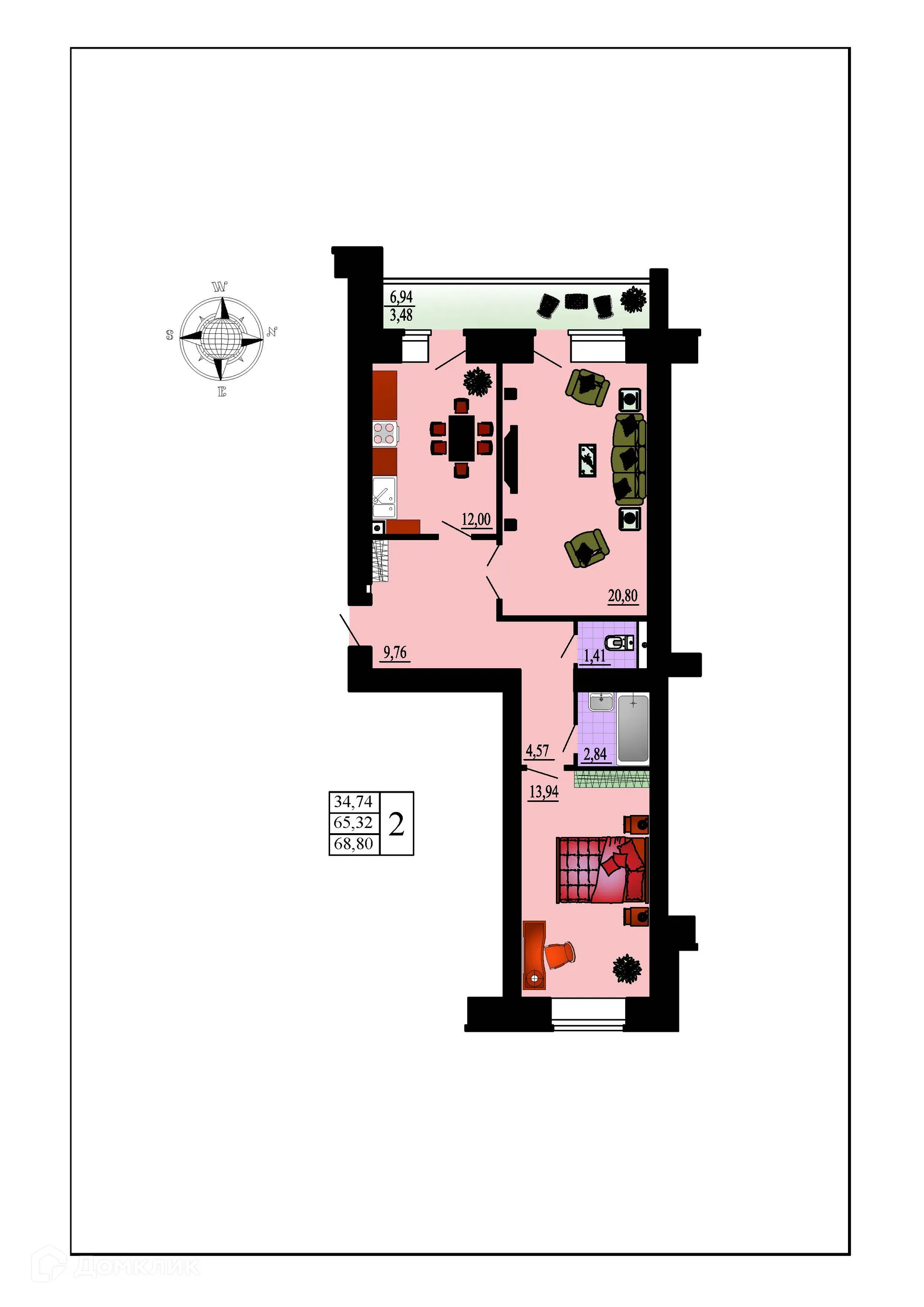 Планировка 2-комнатной квартиры 68.8 м² в ЖК Зеленая долина, г. Воронеж — фото 1