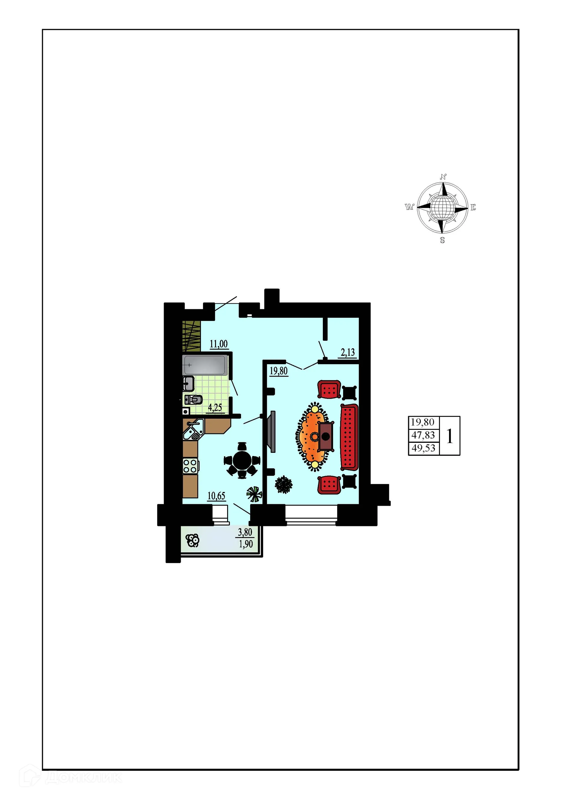 Планировка 1-комнатной квартиры 49.53 м² в ЖК Зеленая долина, г. Воронеж — фото 1
