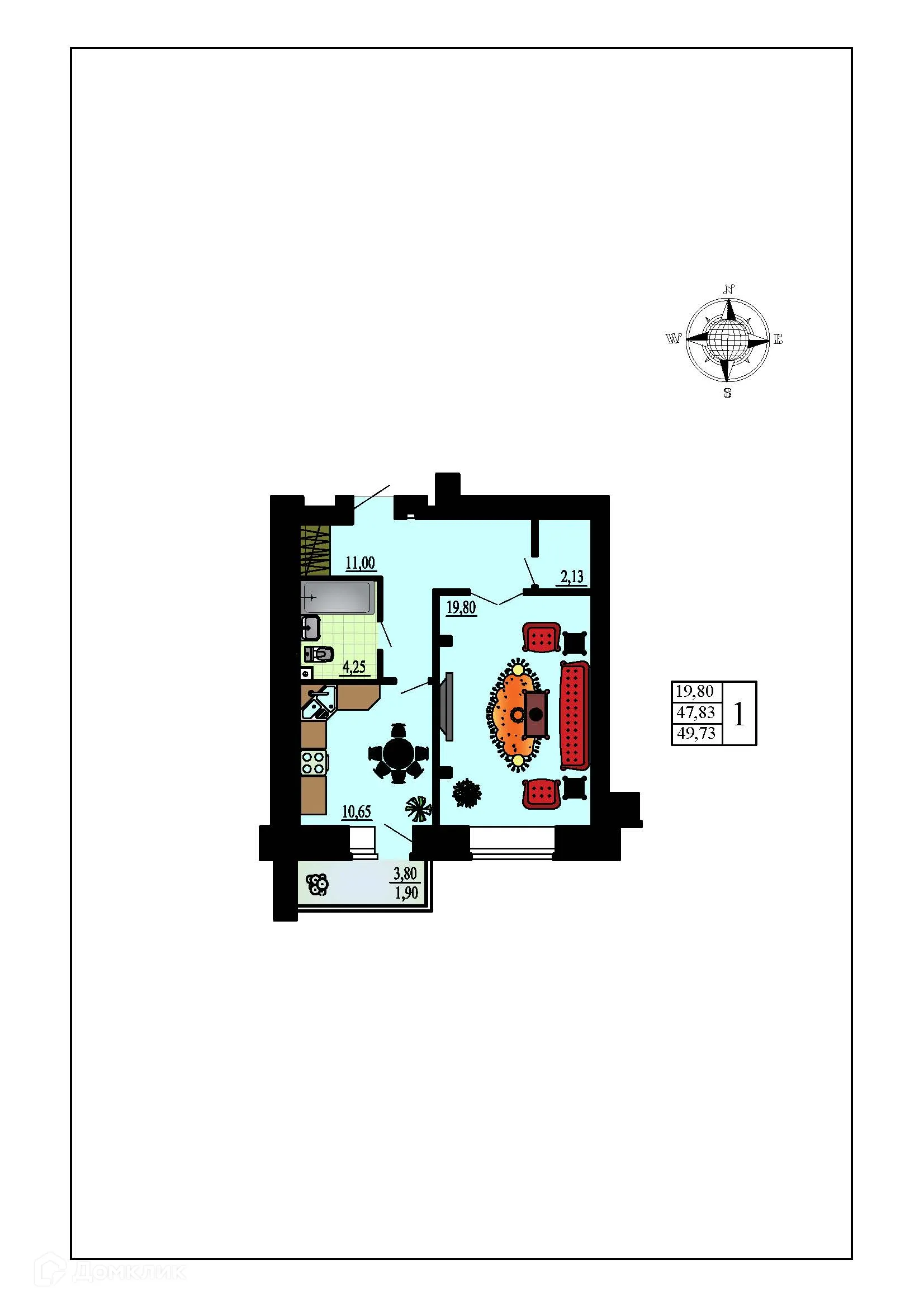 Планировка 1-комнатной квартиры 49.73 м² в ЖК Зеленая долина, г. Воронеж — фото 1
