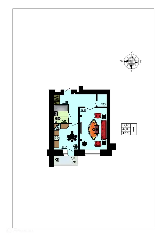 Планировка 1 комн. в ЖК Зеленая долина