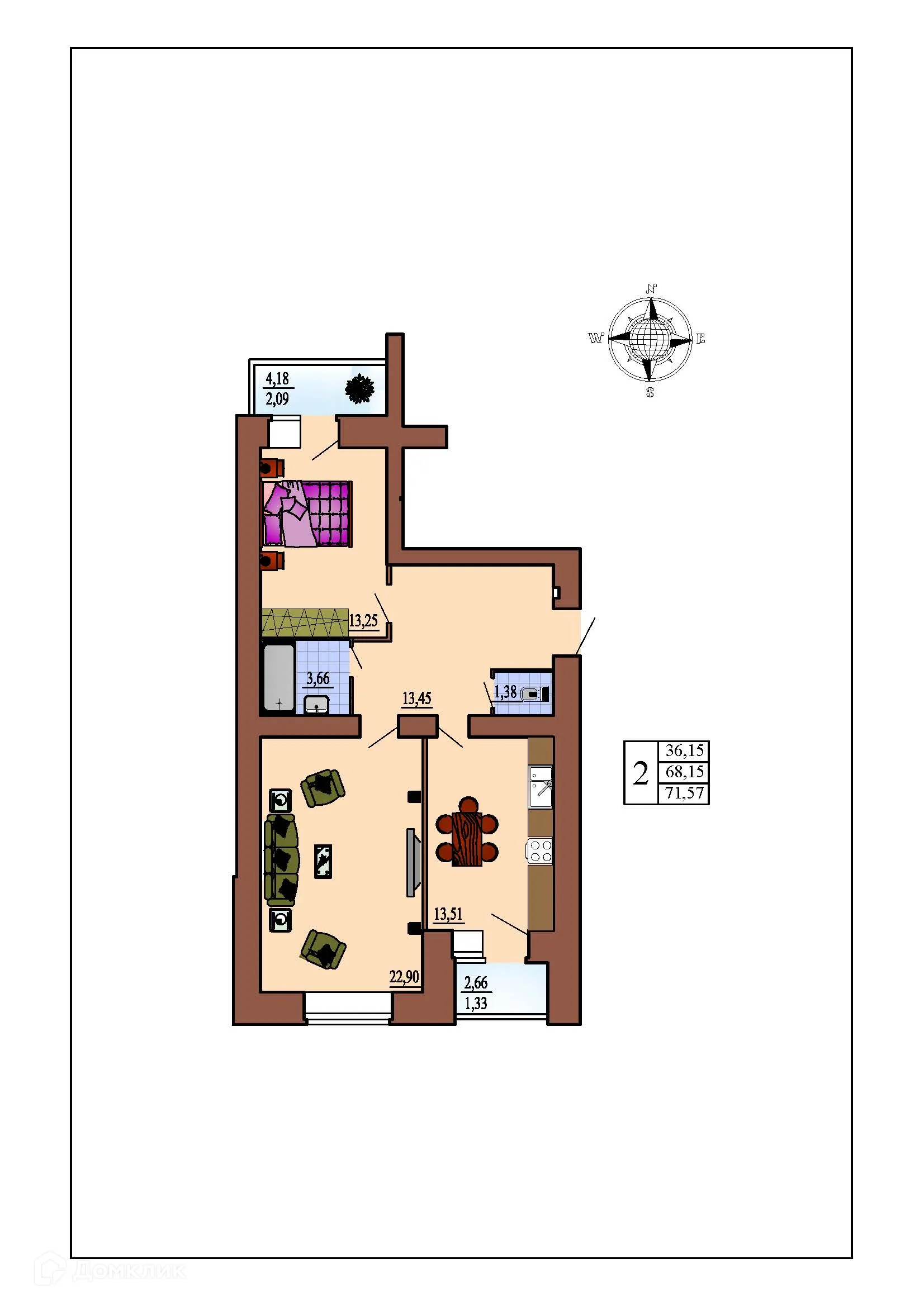 Планировка 2-комнатной квартиры 71.57 м² в ЖК Зеленая долина, г. Воронеж — фото 1