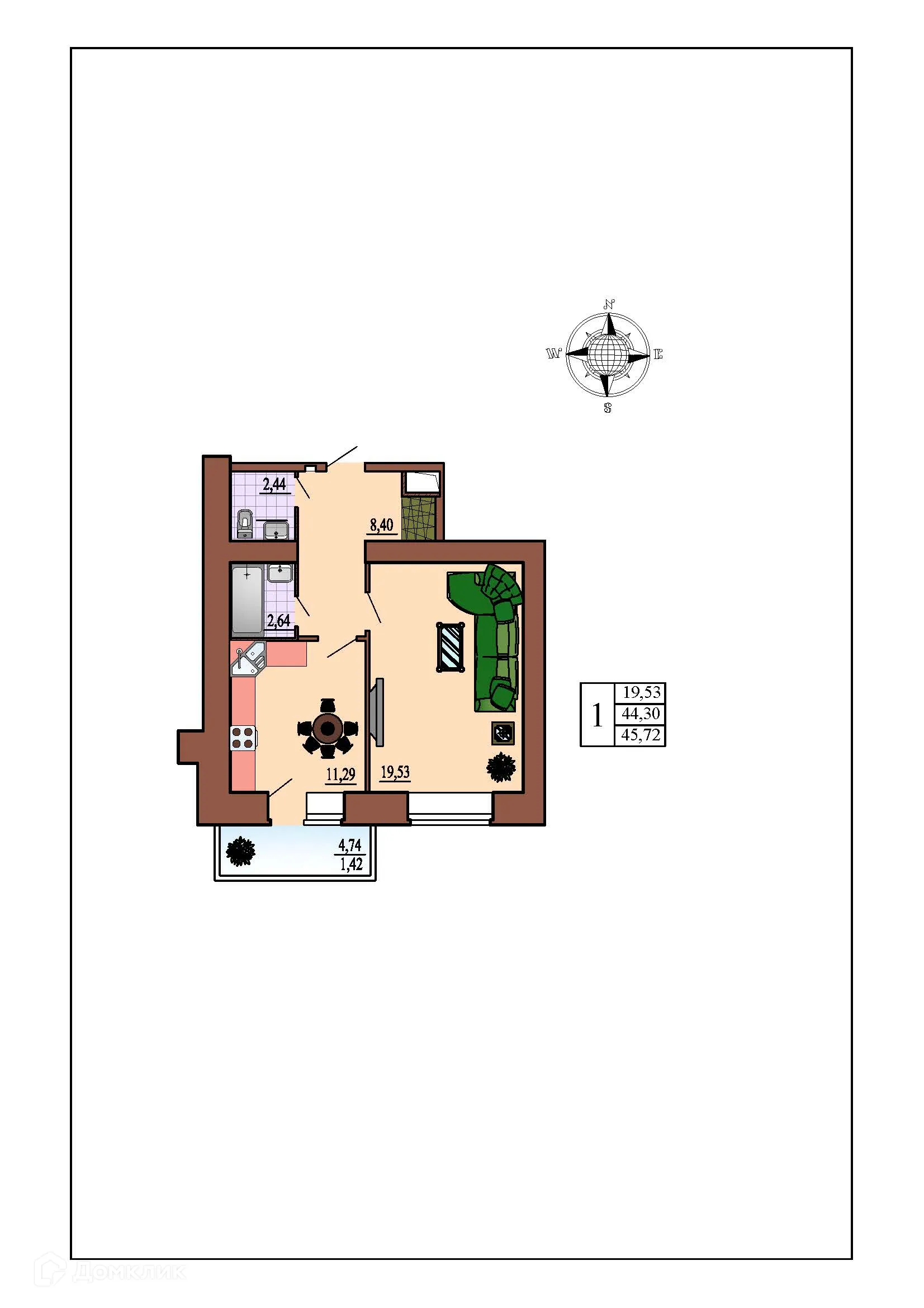 Планировка 1-комнатной квартиры 45.72 м² в ЖК Зеленая долина, г. Воронеж — фото 1