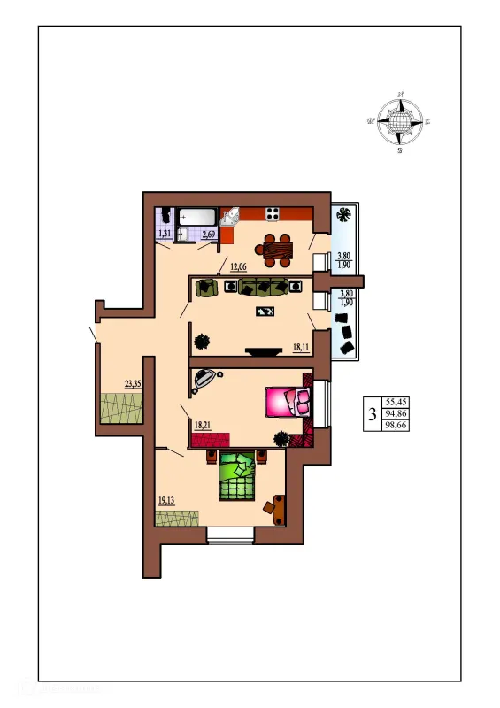 Планировка 3 комн. в ЖК Зеленая долина