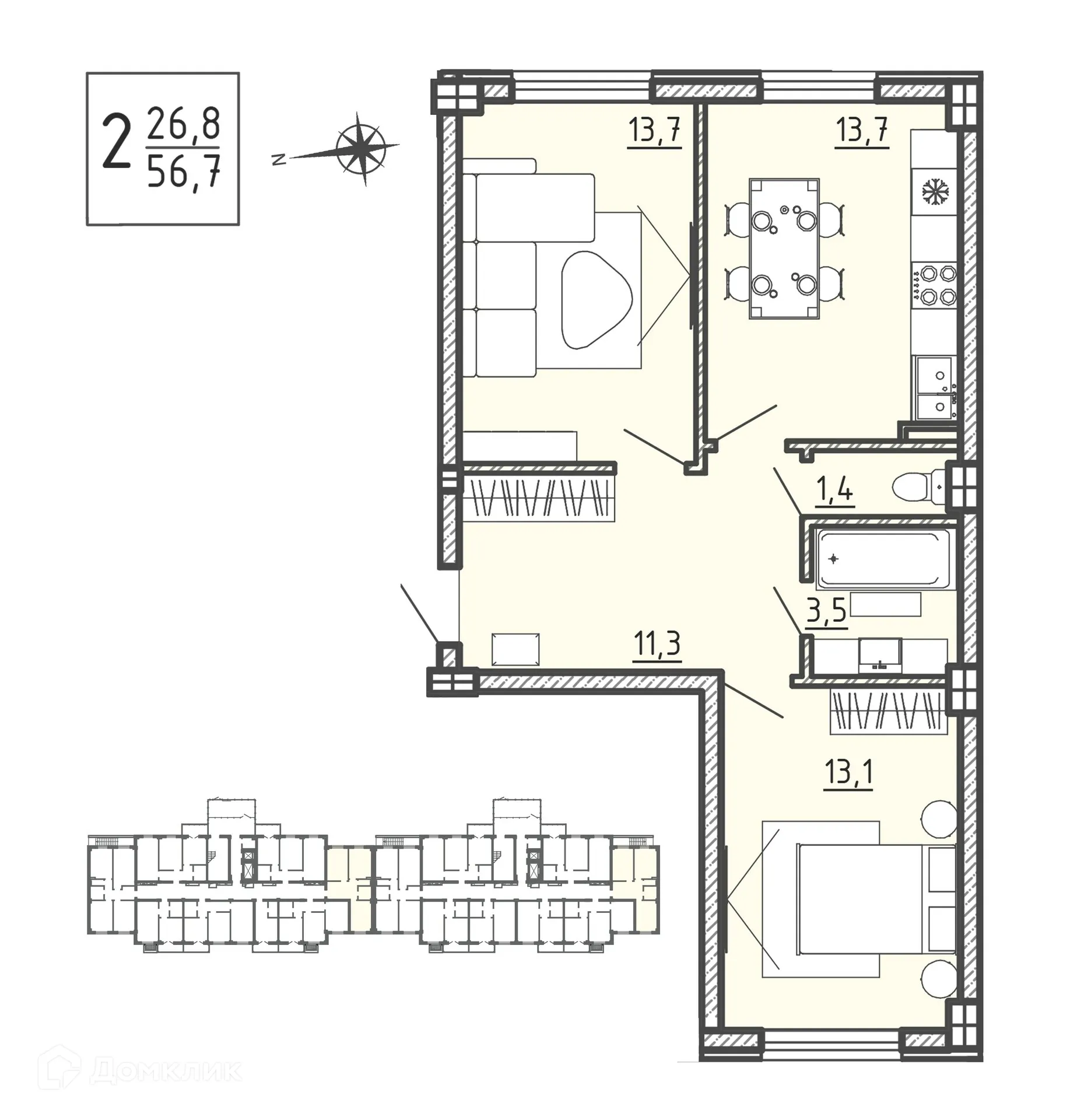 Планировка 2-комнатной квартиры 56.7 м² в ЖК "Ю", г. Воронеж — фото 1