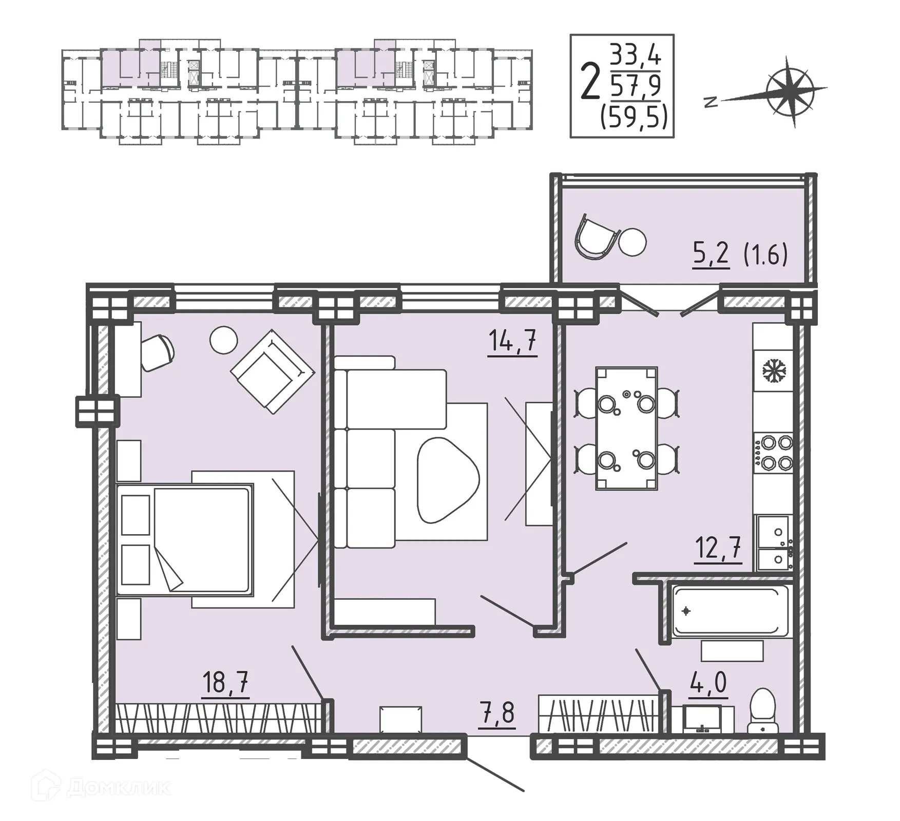 Планировка 2-комнатной квартиры 59.5 м² в ЖК "Ю", г. Воронеж — фото 3