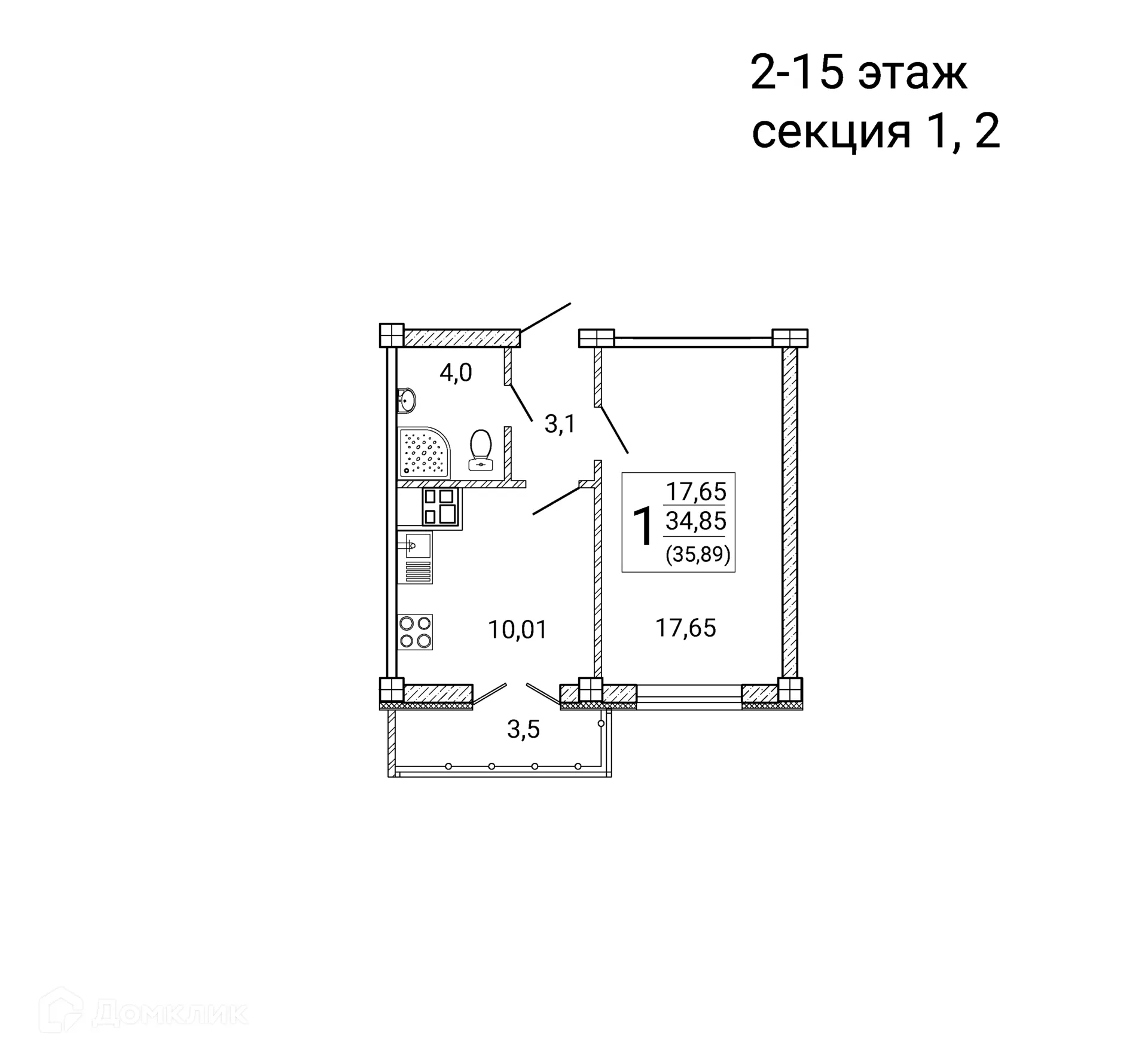 Планировка 1-комнатной квартиры 35.89 м² в ЖК "Ю", г. Воронеж — фото 1