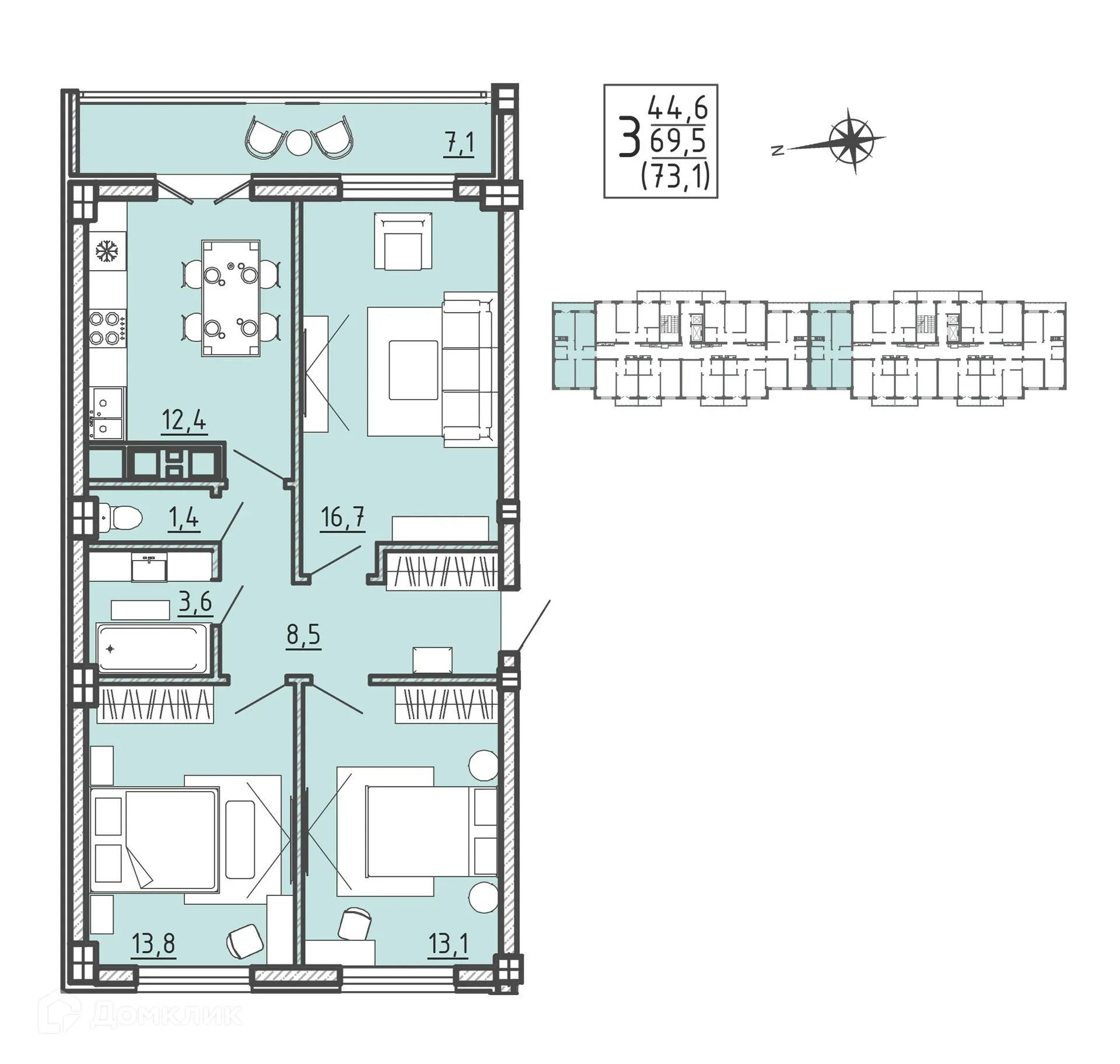 Планировка 3-комнатной квартиры 73.1 м² в ЖК "Ю", г. Воронеж — фото 1