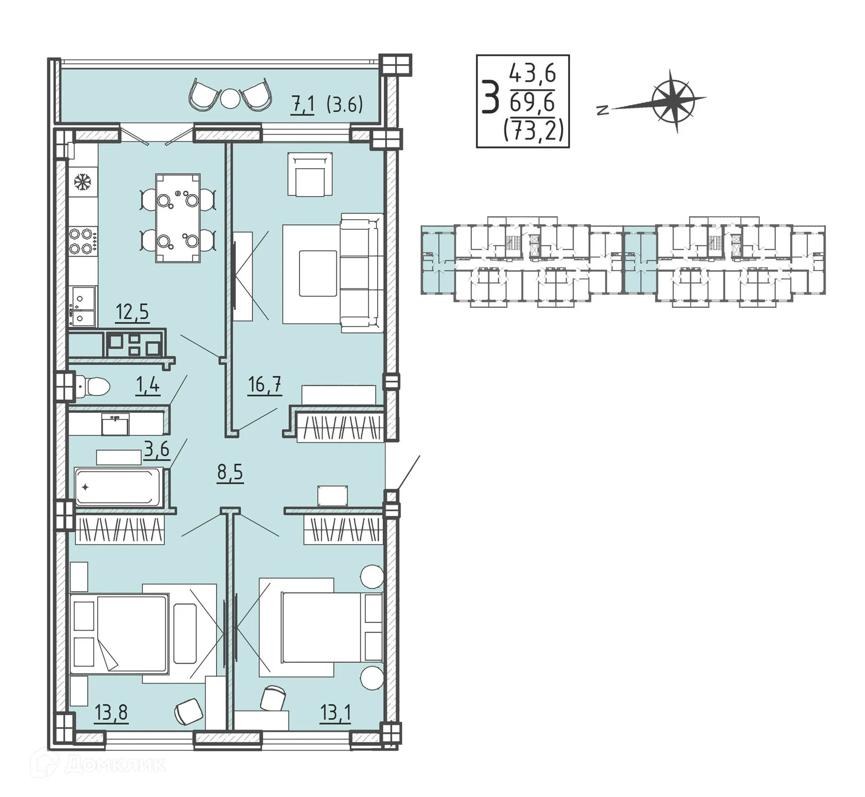 Планировка 3-комнатной квартиры 73.2 м² в ЖК "Ю", г. Воронеж — фото 1