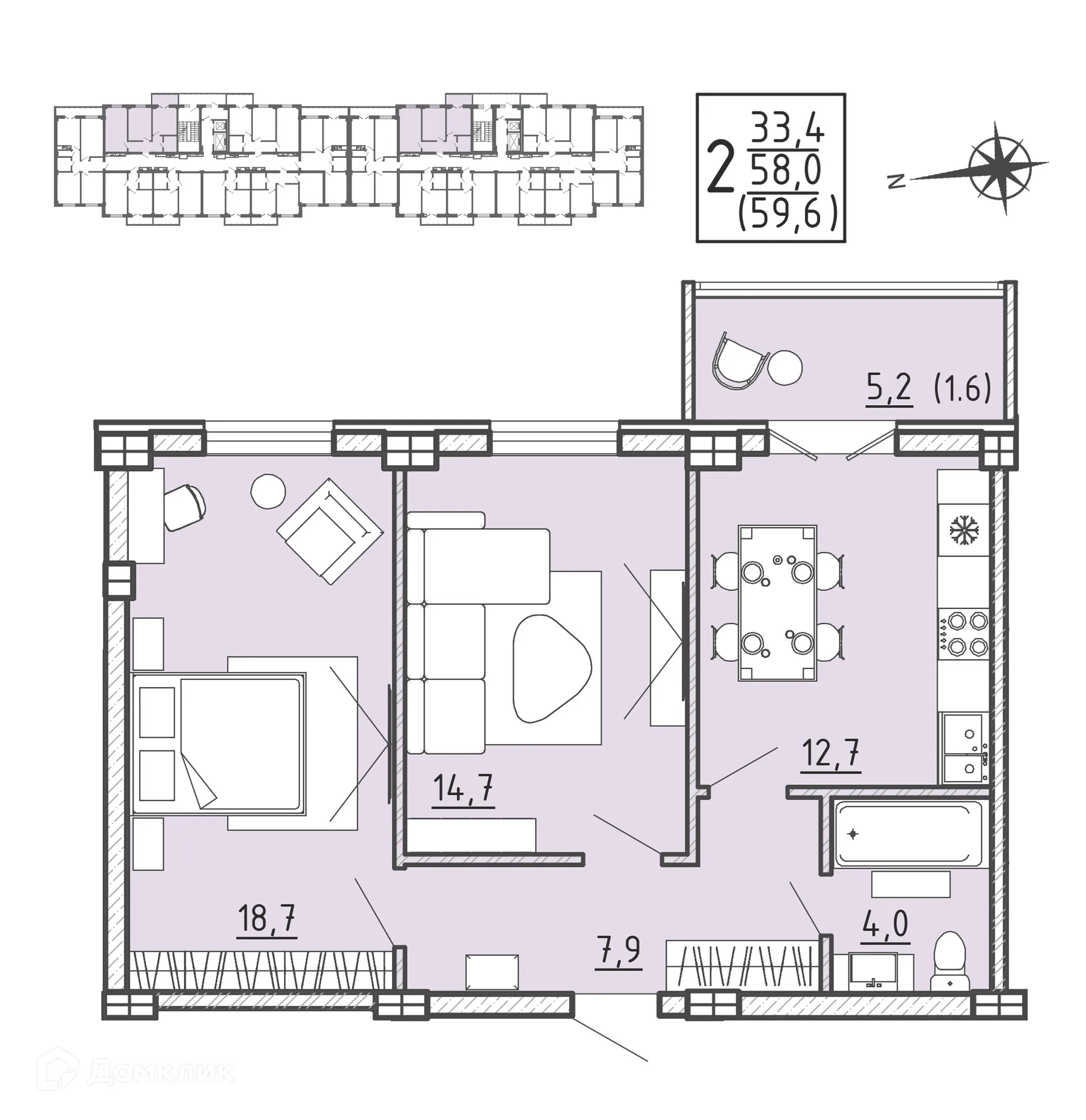 Планировка 2-комнатной квартиры 60.4 м² в ЖК "Ю", г. Воронеж — фото 1