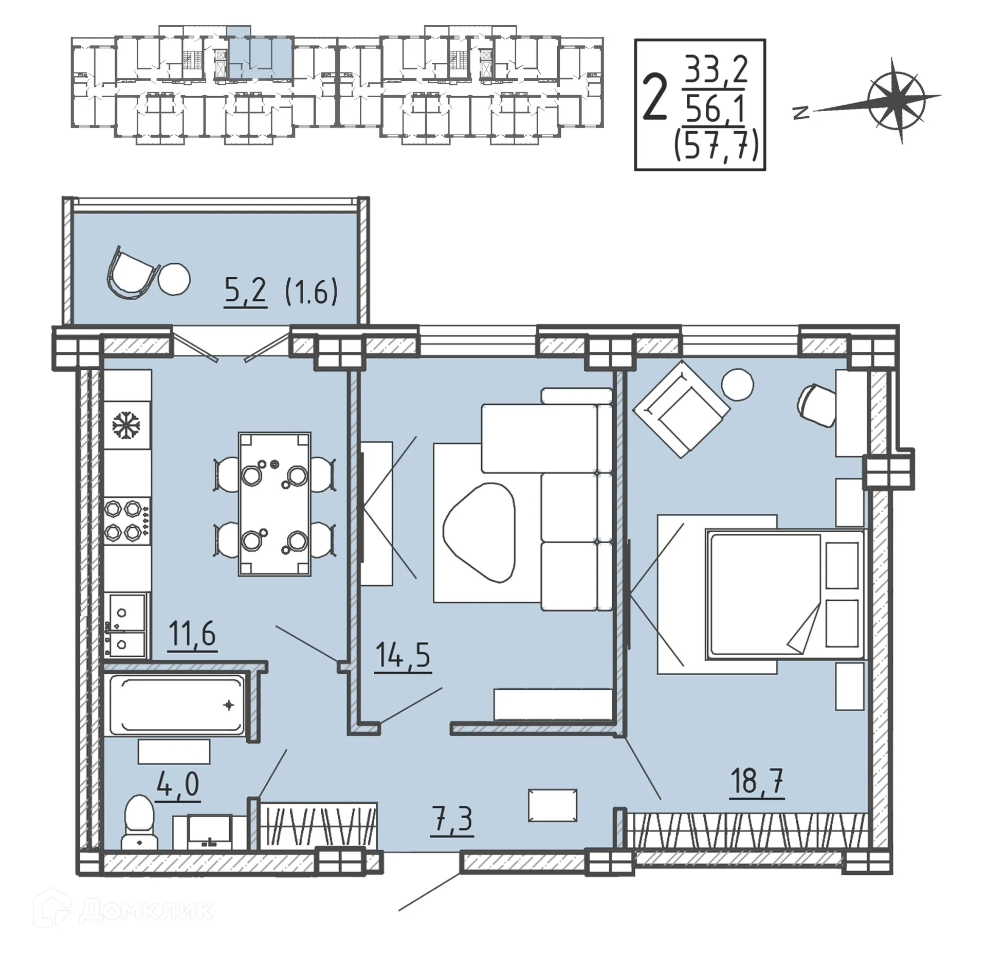Планировка 2-комнатной квартиры 57.7 м² в ЖК "Ю", г. Воронеж — фото 1