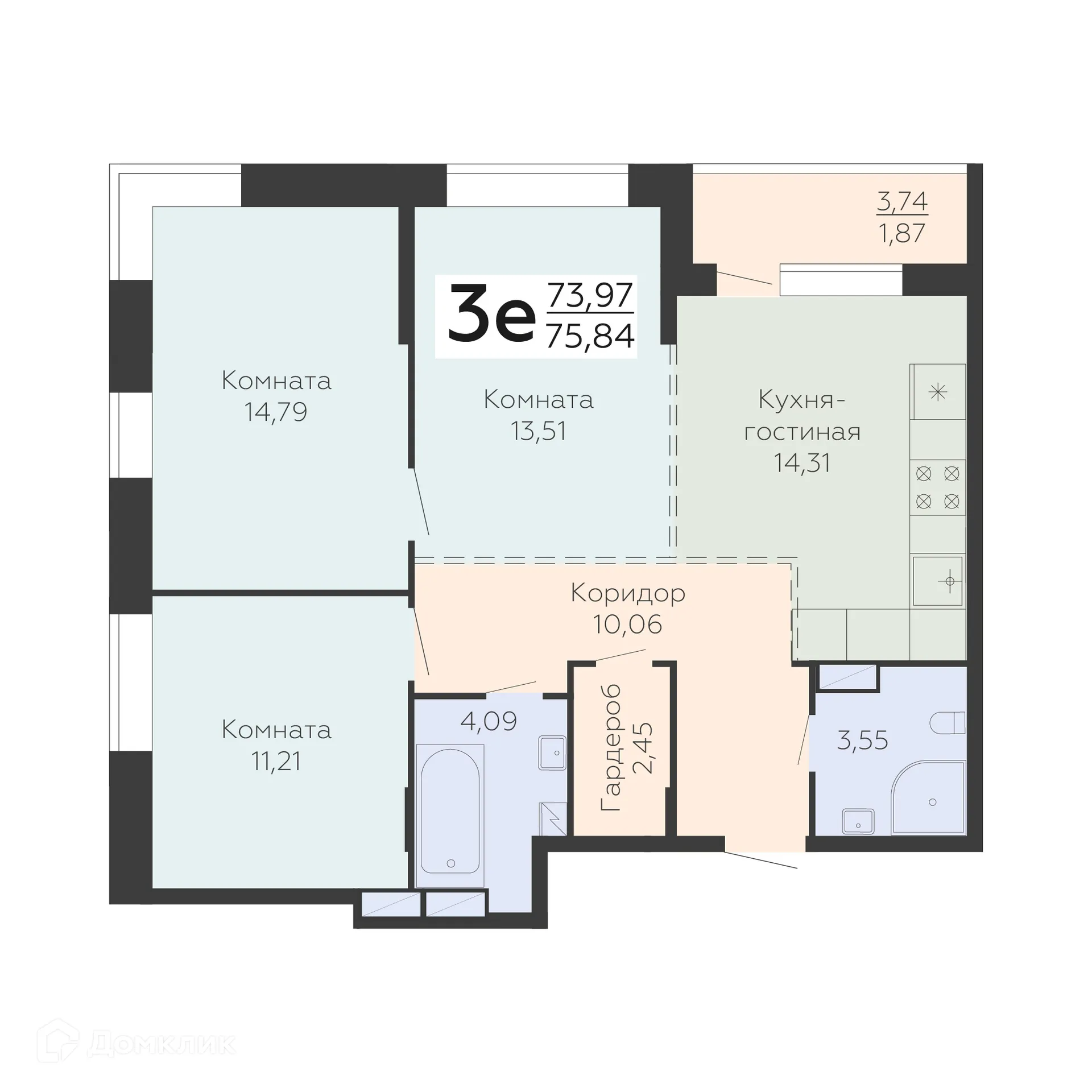 Планировка 3-комнатной квартиры 75.84 м² в ЖК Зарядье, г. Воронеж — фото 1