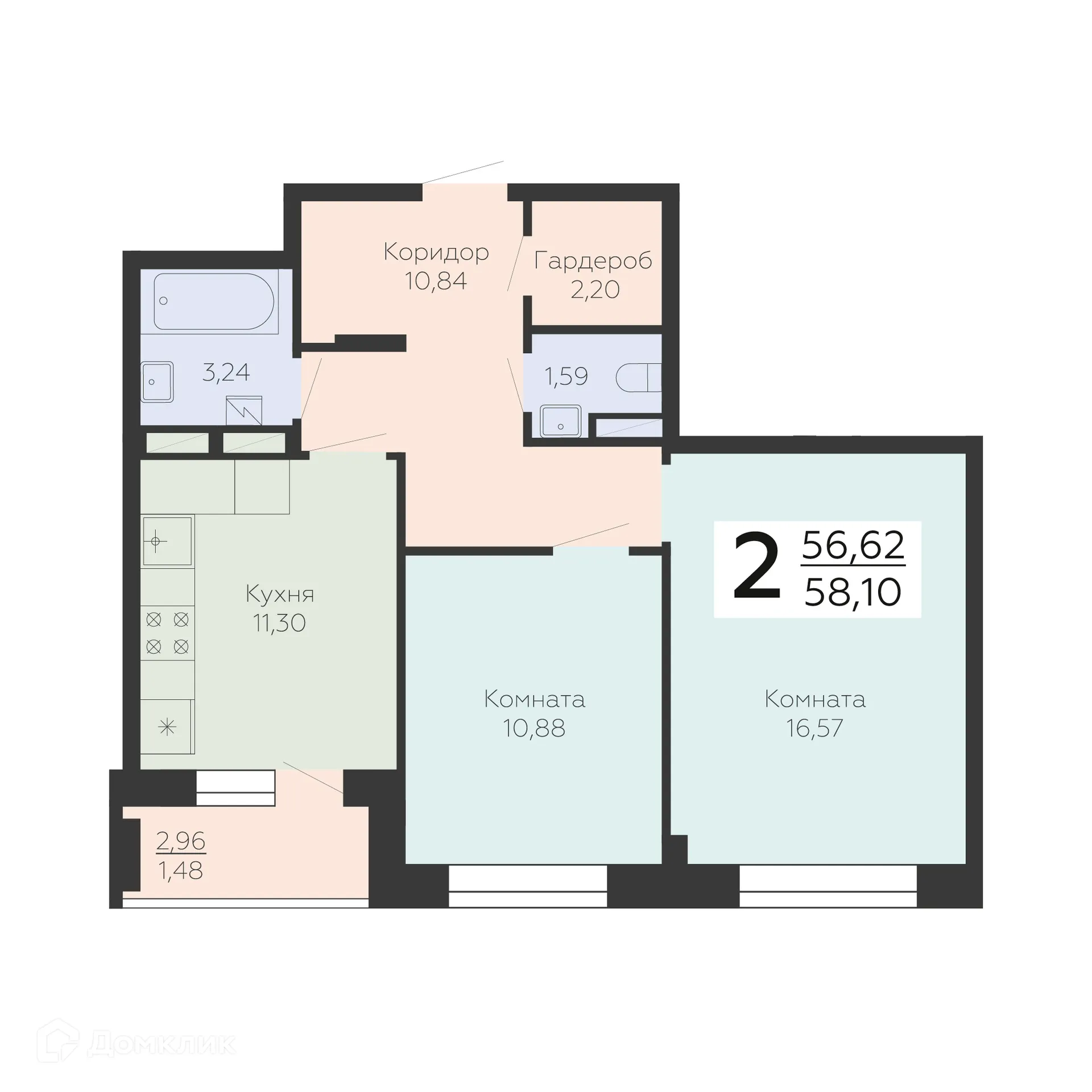 Планировка 2-комнатной квартиры 58.1 м² в ЖК Зарядье, г. Воронеж — фото 1