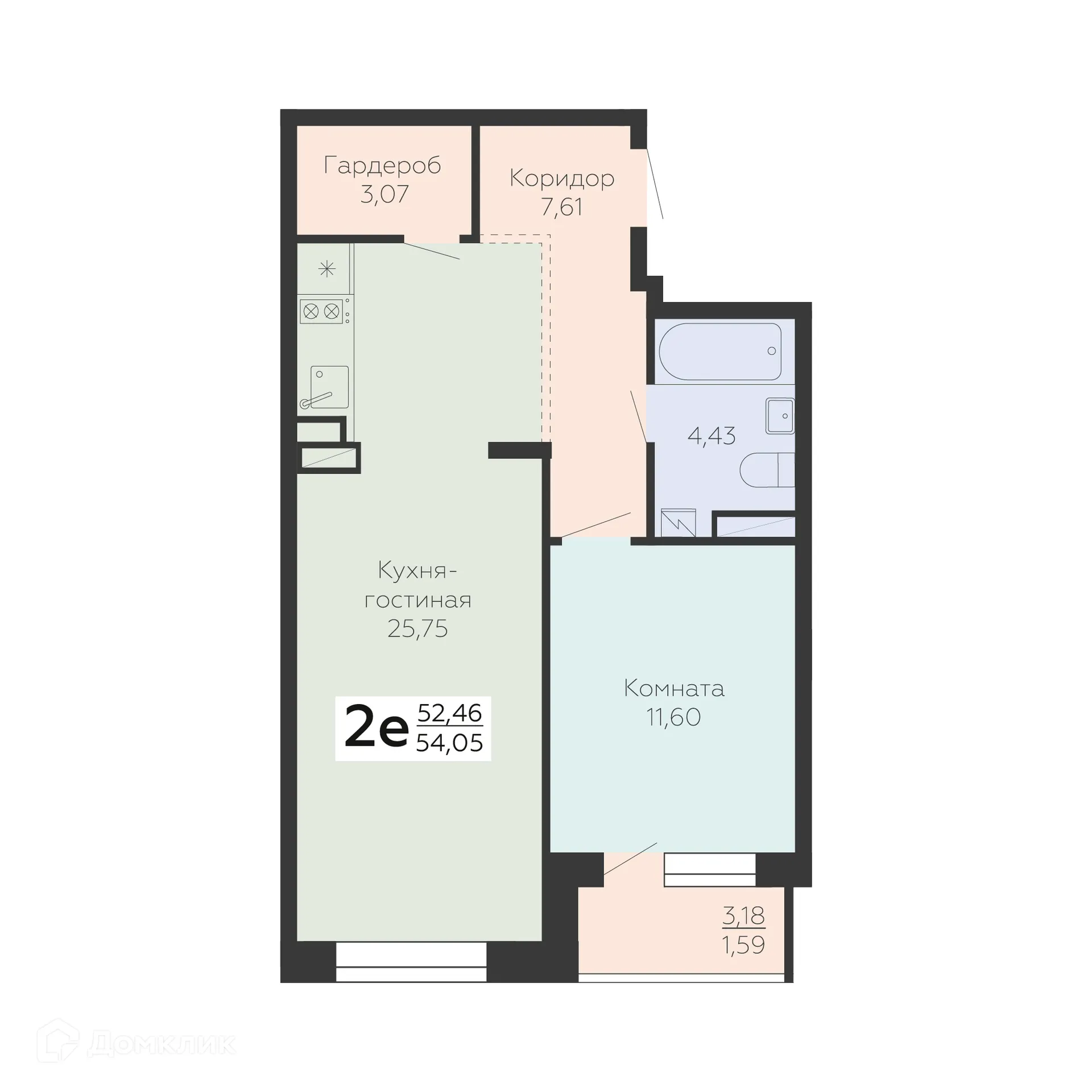 Планировка 2-комнатной квартиры 54.05 м² в ЖК Зарядье, г. Воронеж — фото 1