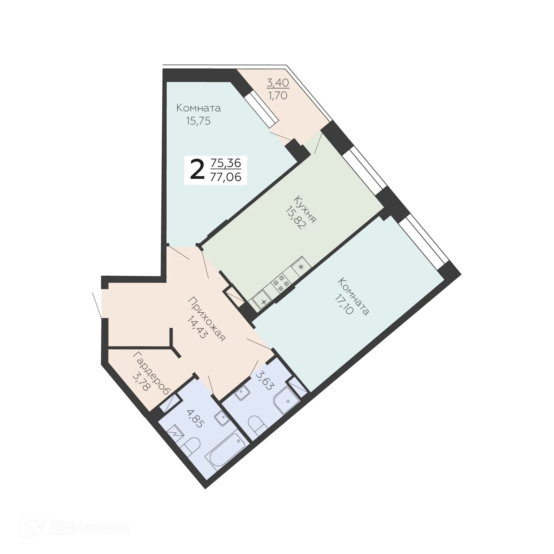 Планировка 2-комнатной квартиры 77.06 м² в ЖК Зарядье, г. Воронеж — фото 1