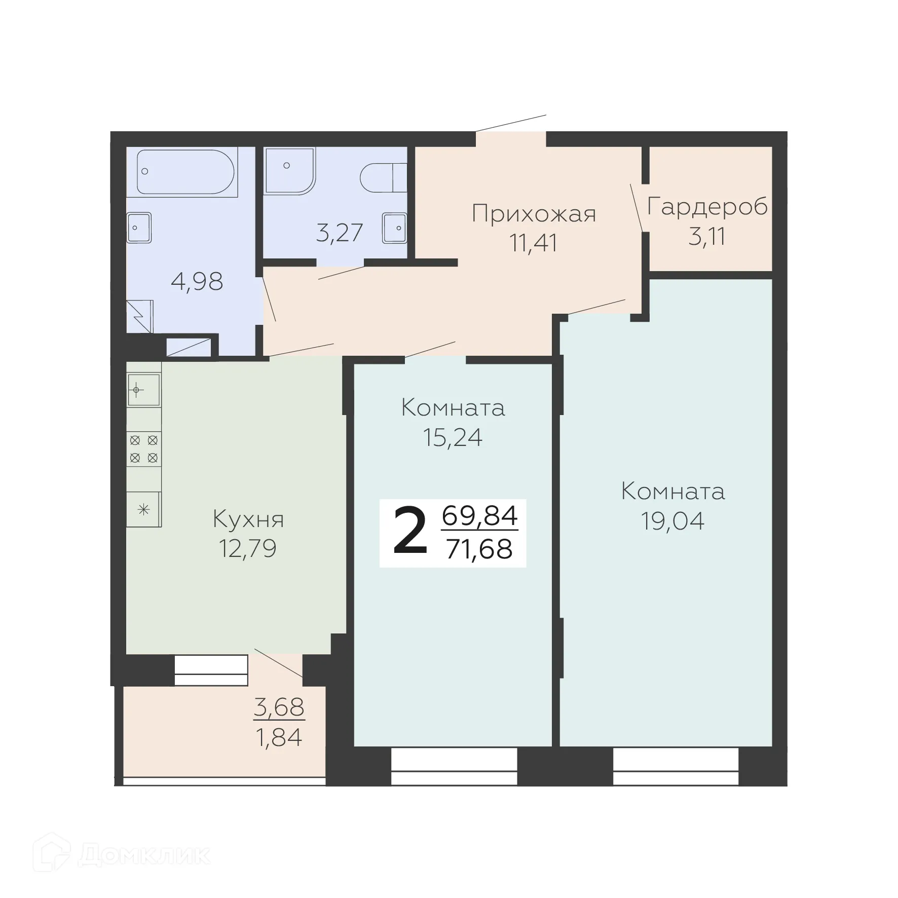 Планировка 2-комнатной квартиры 71.68 м² в ЖК Зарядье, г. Воронеж — фото 1