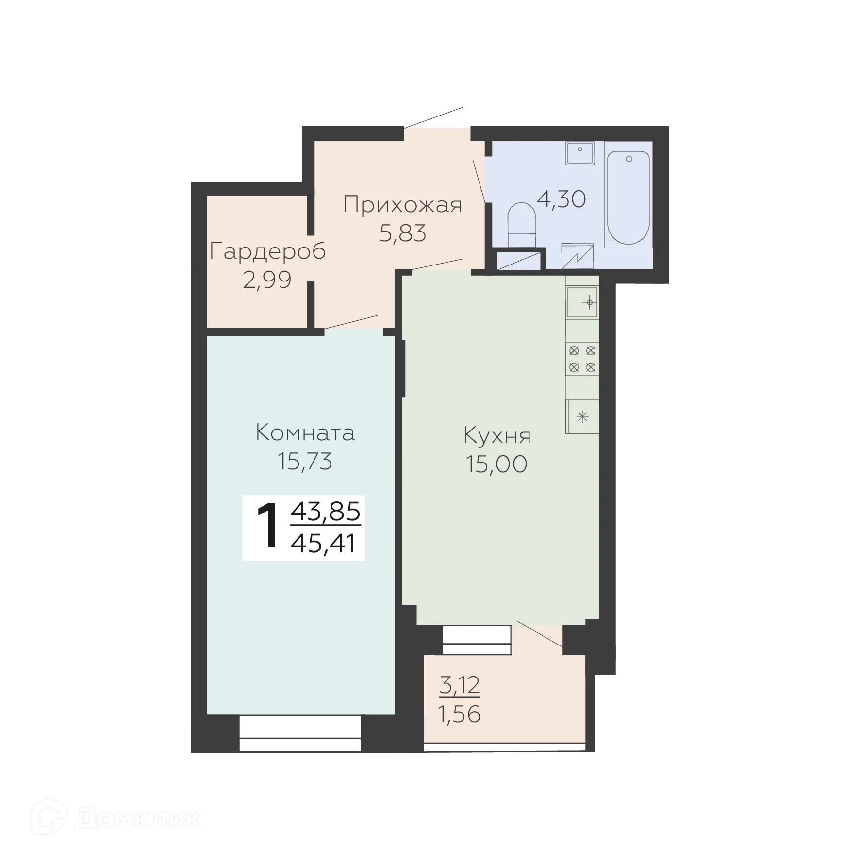 Планировка 1-комнатной квартиры 45.41 м² в ЖК Зарядье, г. Воронеж — фото 1