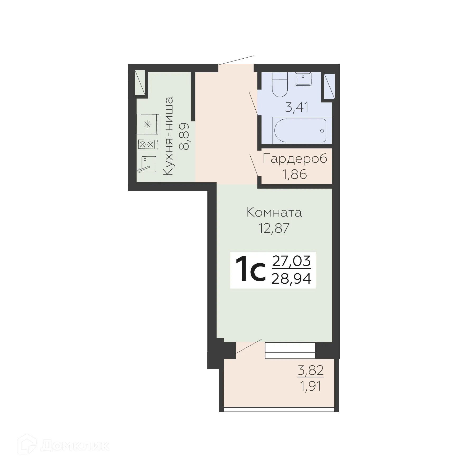 Планировка 1-комнатной квартиры 28.94 м² в ЖК Зарядье, г. Воронеж — фото 1