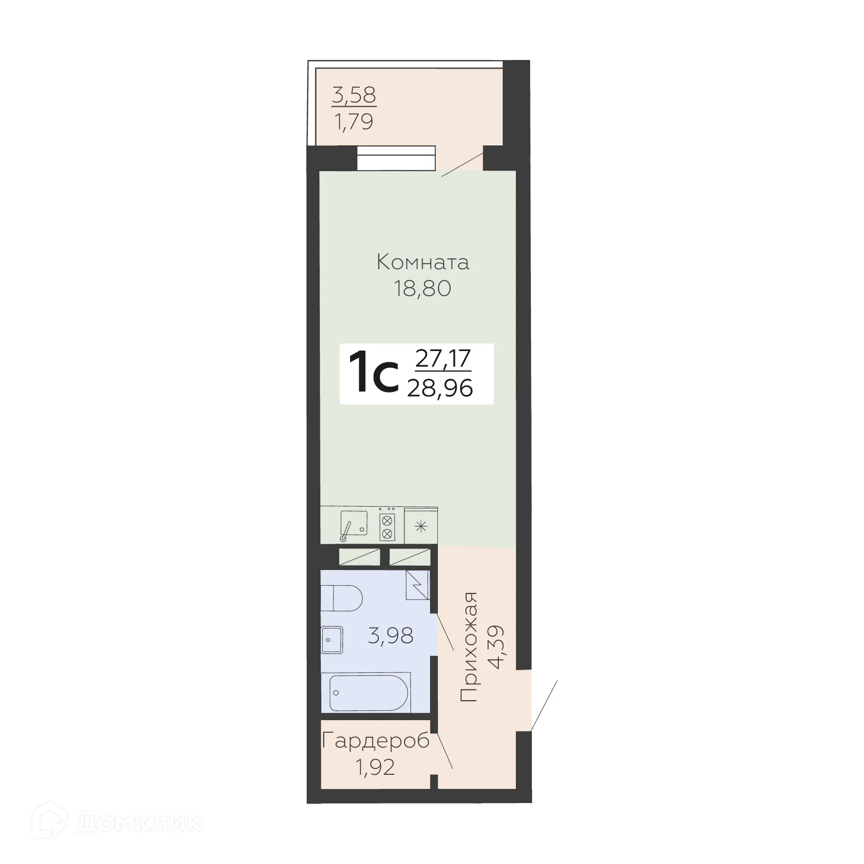 Планировка 1-комнатной квартиры 28.96 м² в ЖК Зарядье, г. Воронеж — фото 1