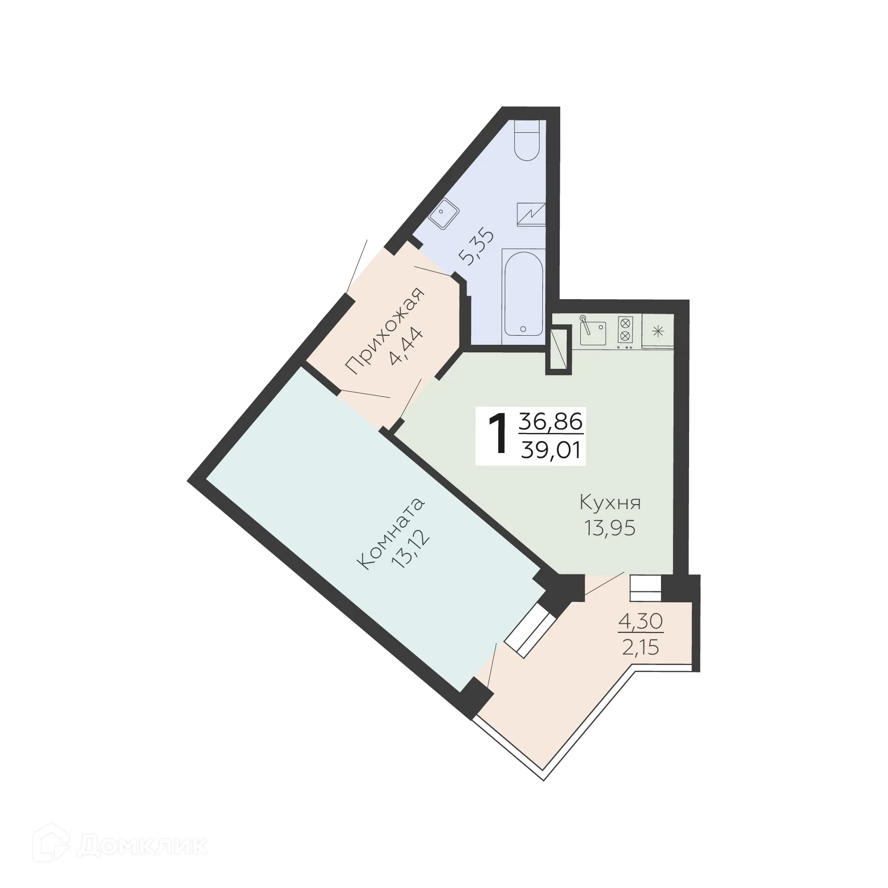 Планировка 1-комнатной квартиры 39.01 м² в ЖК Зарядье, г. Воронеж — фото 1