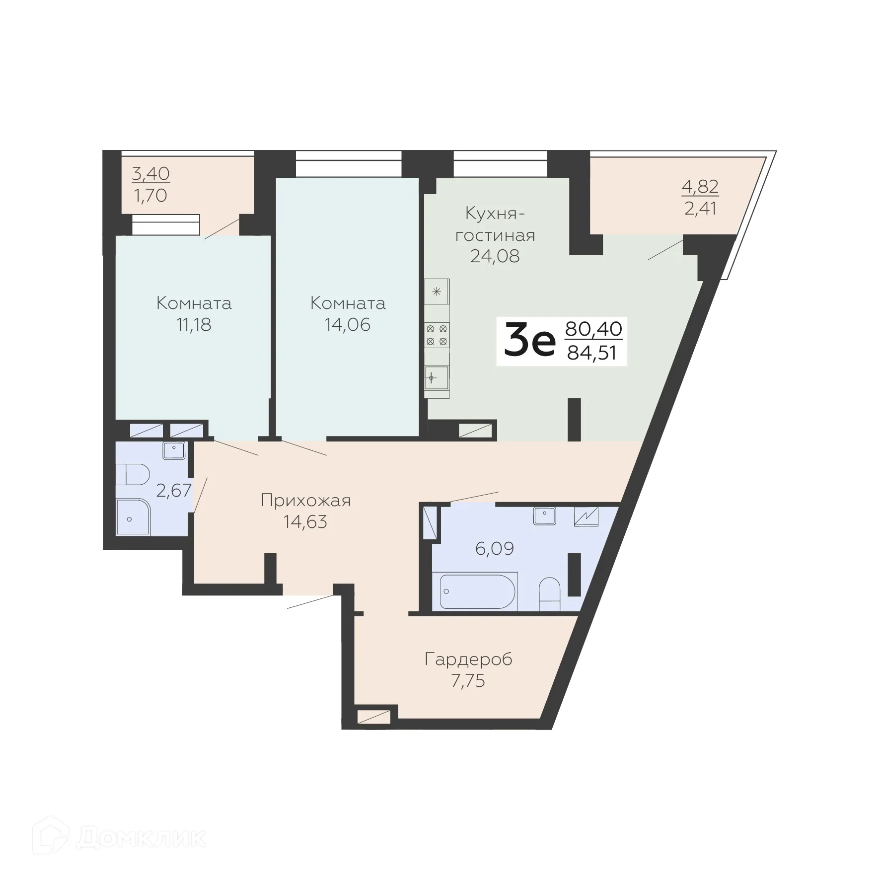 Планировка 3-комнатной квартиры 84.51 м² в ЖК Зарядье, г. Воронеж — фото 1