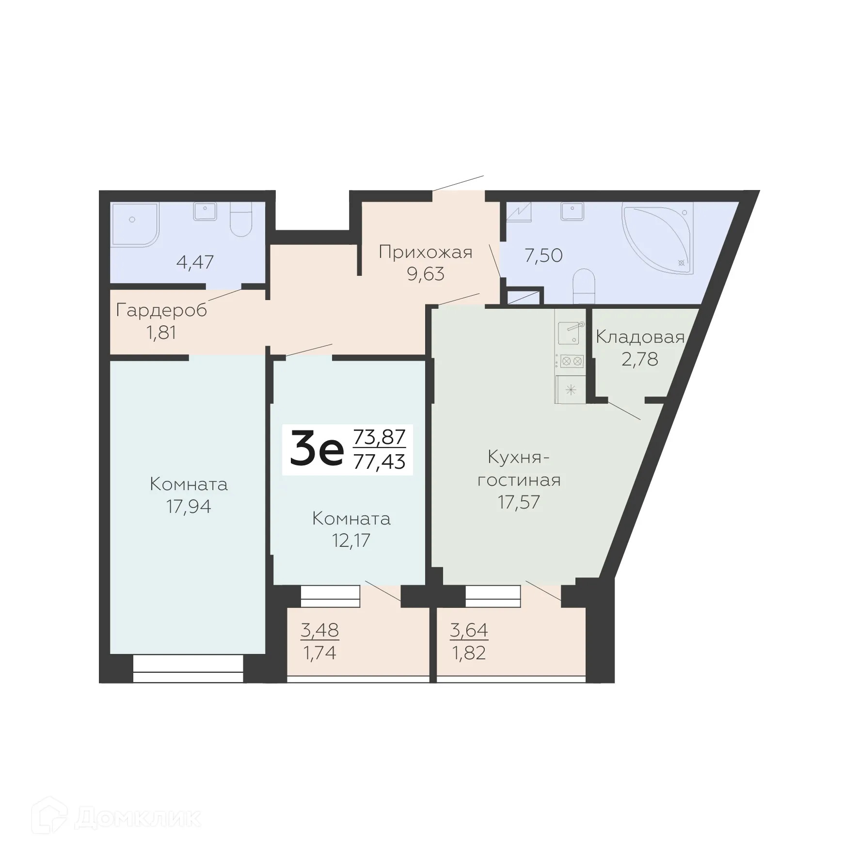 Планировка 3-комнатной квартиры 77.43 м² в ЖК Зарядье, г. Воронеж — фото 1
