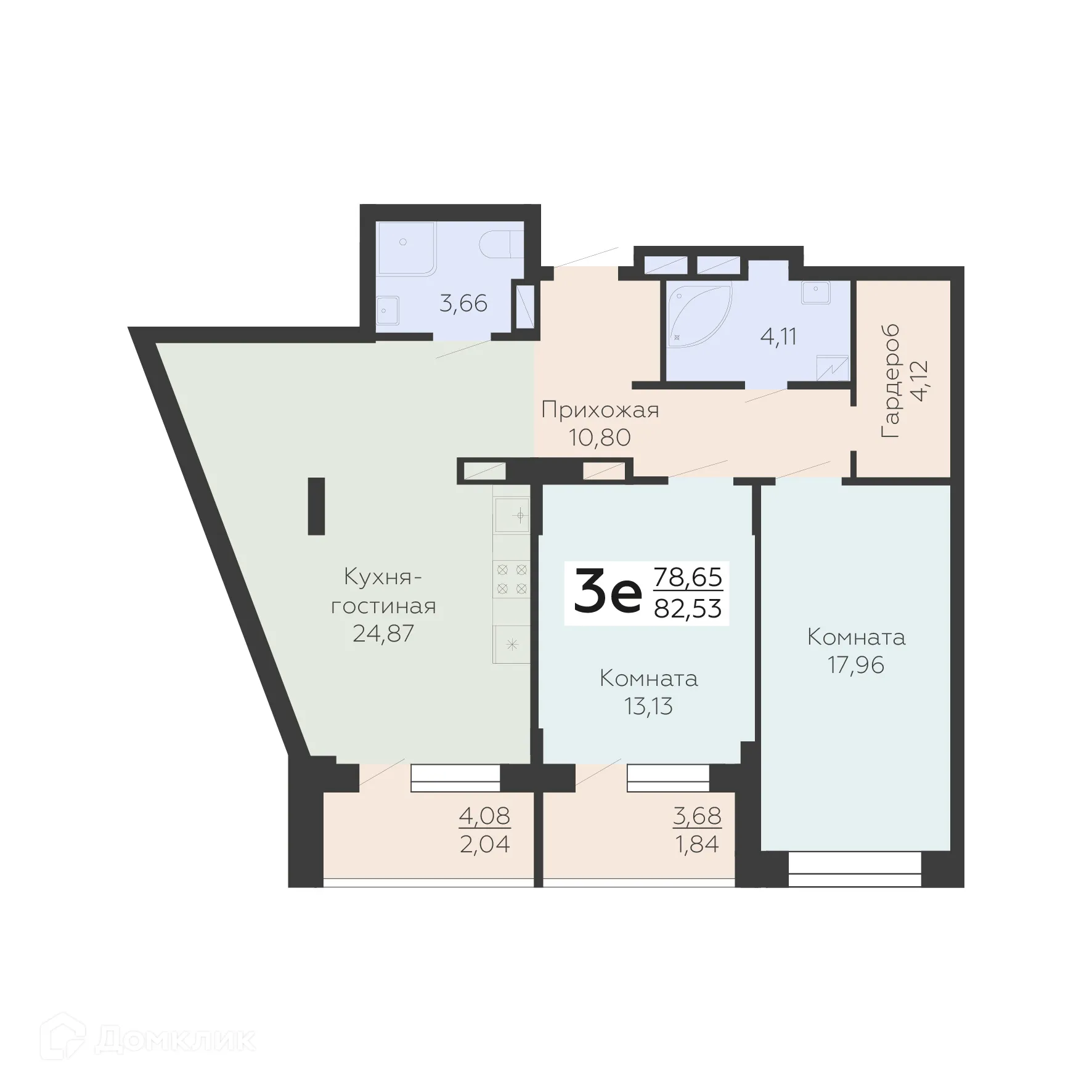 Планировка 3-комнатной квартиры 82.53 м² в ЖК Зарядье, г. Воронеж — фото 1