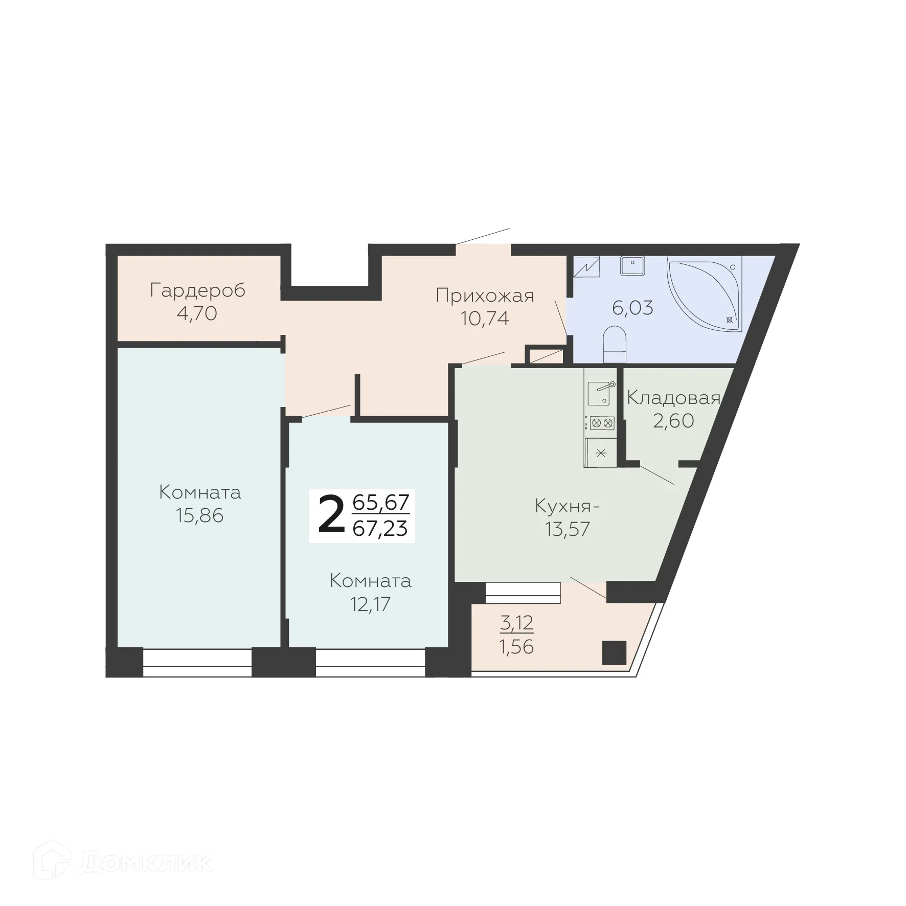 Планировка 2-комнатной квартиры 67.23 м² в ЖК Зарядье, г. Воронеж — фото 1