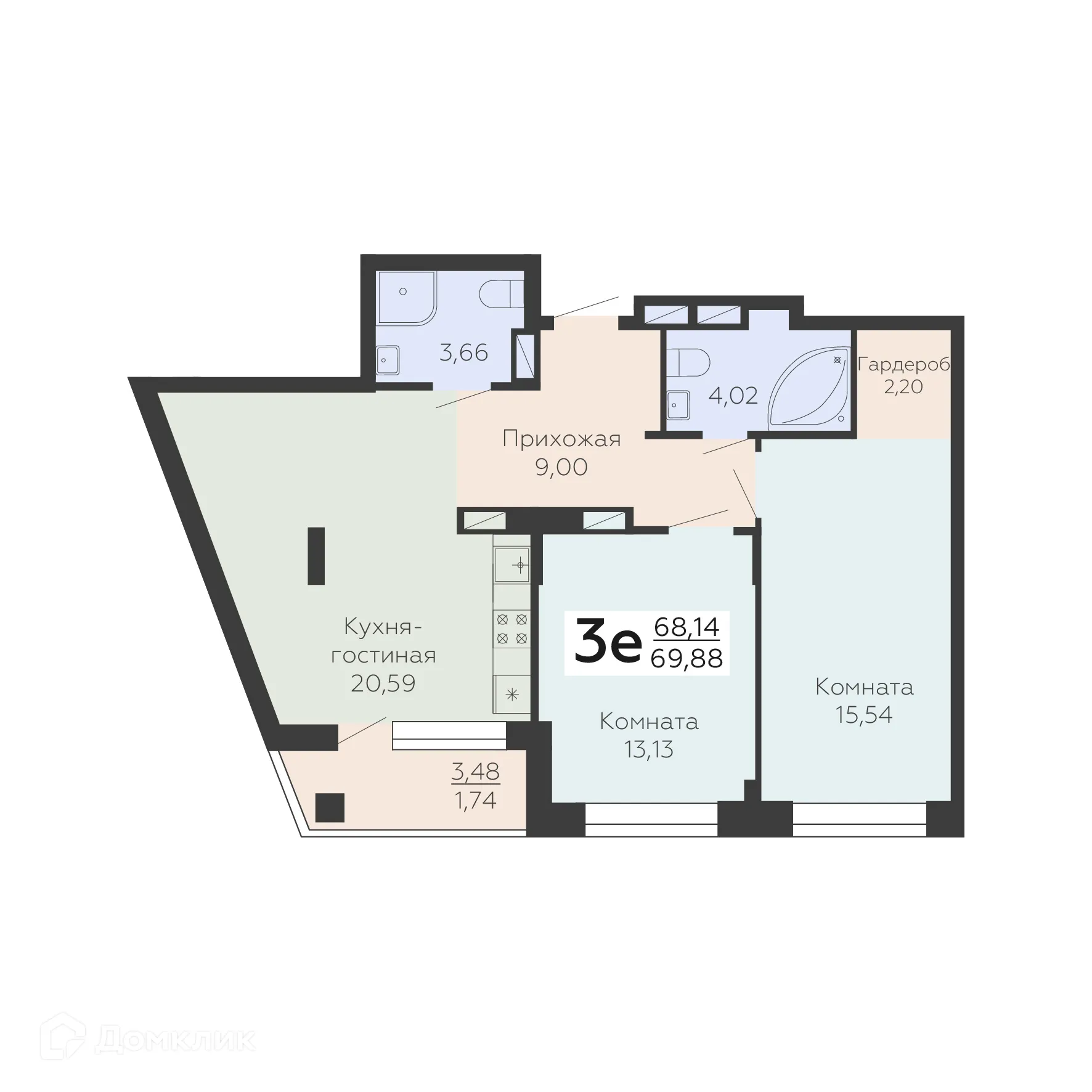 Планировка 3-комнатной квартиры 69.88 м² в ЖК Зарядье, г. Воронеж — фото 1