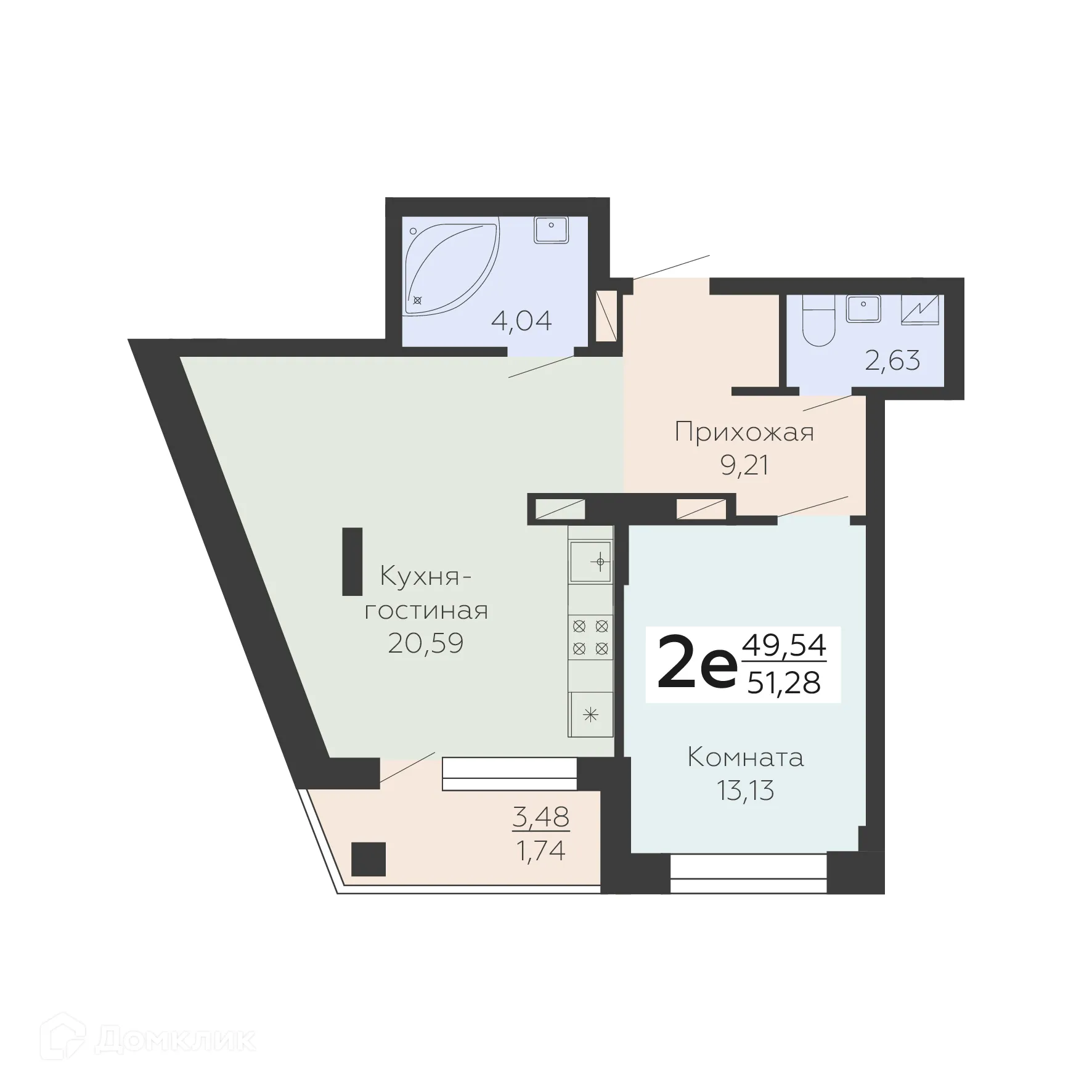 Планировка 2-комнатной квартиры 51.28 м² в ЖК Зарядье, г. Воронеж — фото 1