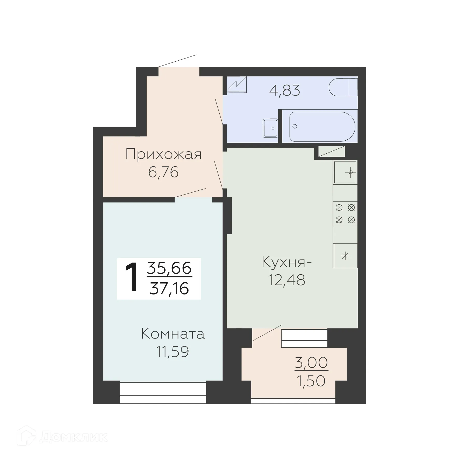 Планировка 1-комнатной квартиры 37.16 м² в ЖК Зарядье, г. Воронеж — фото 1