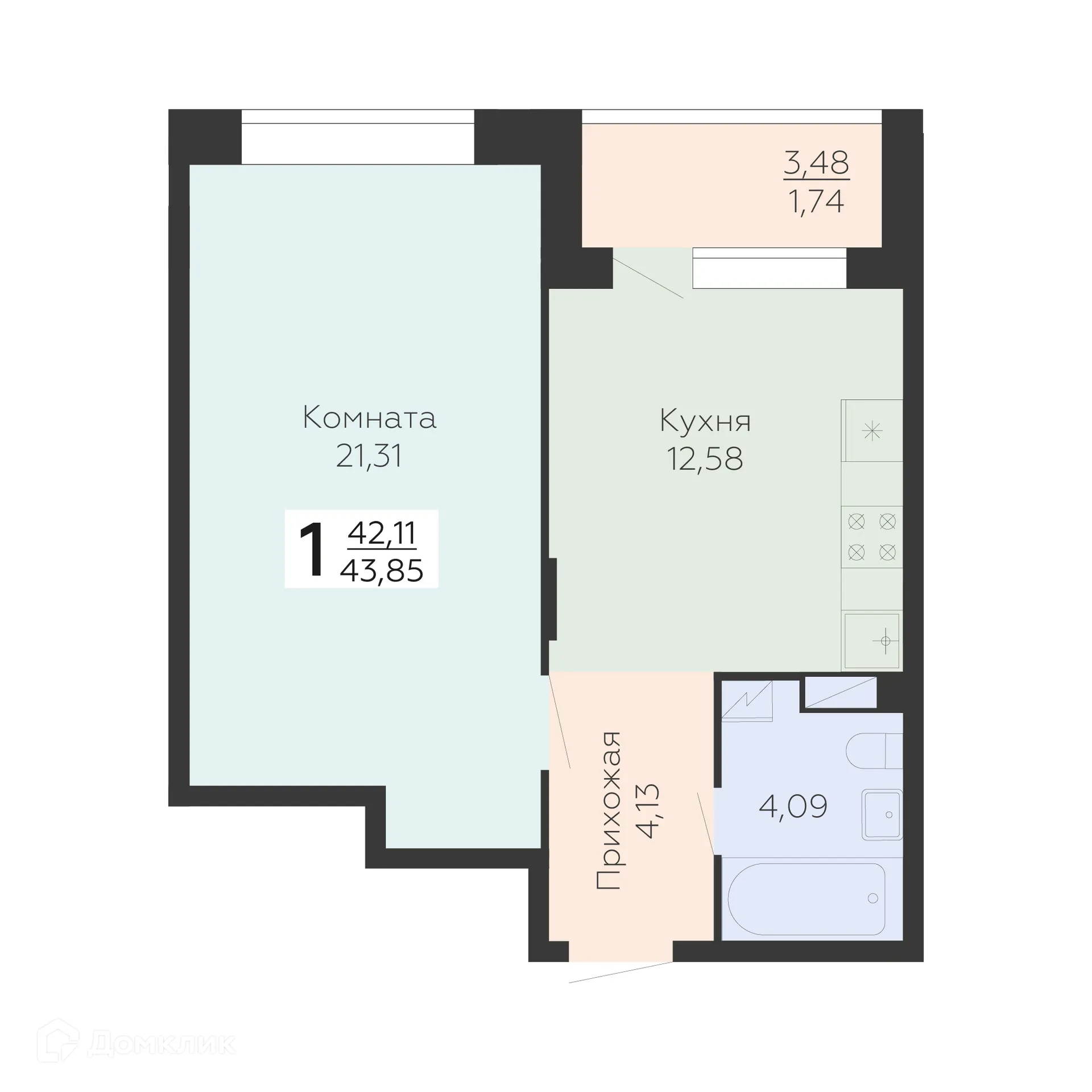 Планировка 1-комнатной квартиры 43.85 м² в ЖК Зарядье, г. Воронеж — фото 1