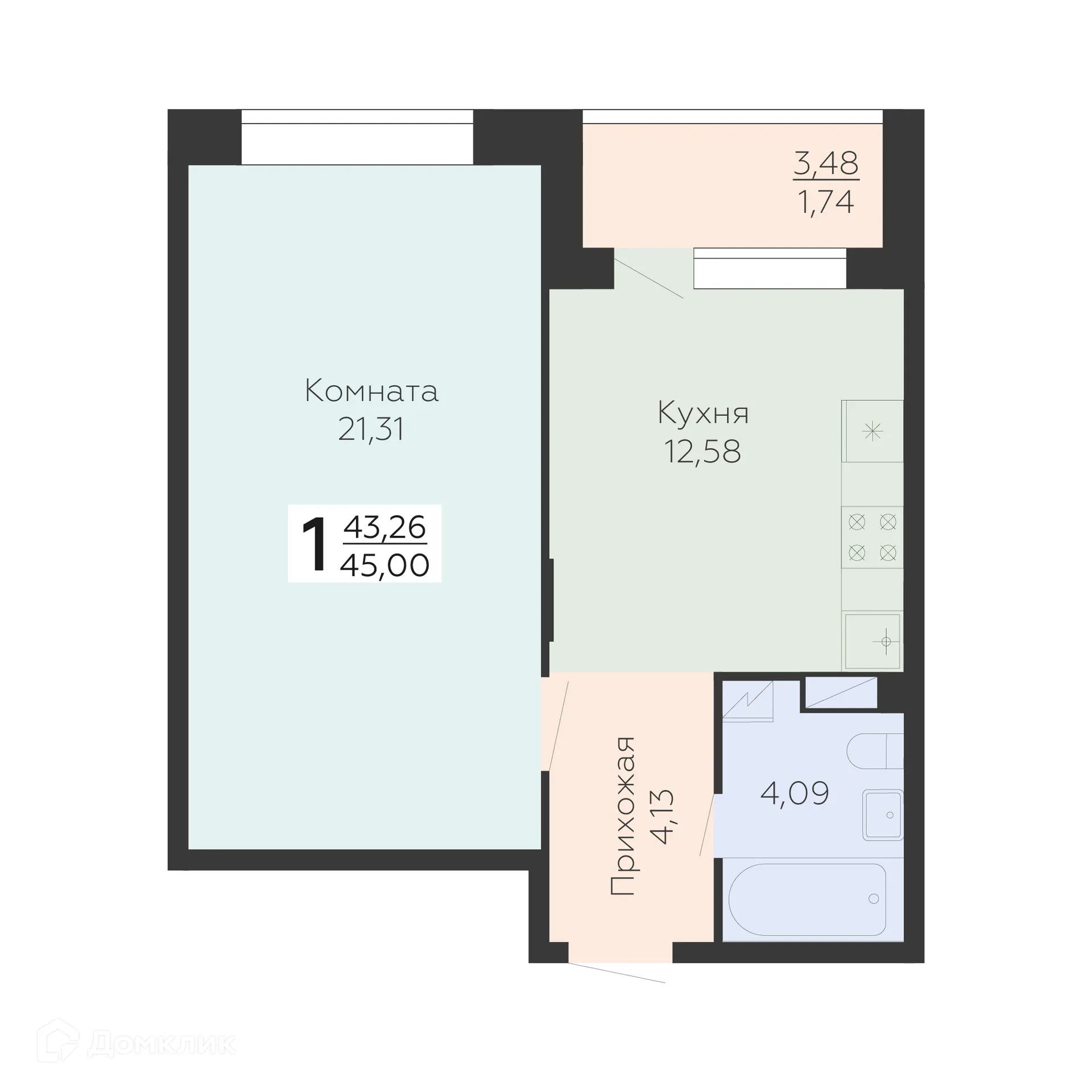 Планировка 1-комнатной квартиры 45 м² в ЖК Зарядье, г. Воронеж — фото 1