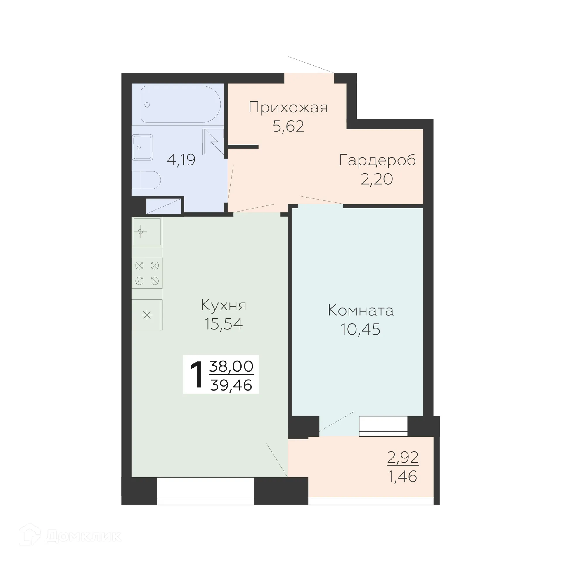 Планировка 1-комнатной квартиры 39.46 м² в ЖК Зарядье, г. Воронеж — фото 1