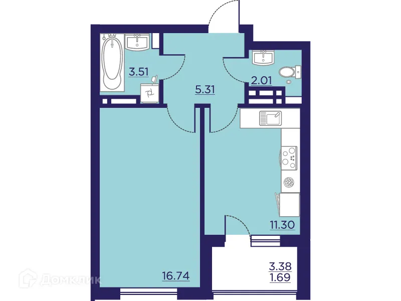 Планировка 1-комнатной квартиры 40.56 м² в ЖК Городские Сады, г. Воронеж — фото 2
