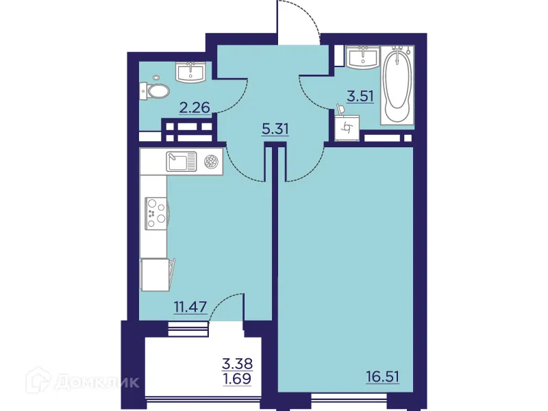 Планировка 1-комнатной квартиры 40.75 м² в ЖК Городские Сады, г. Воронеж — фото 2