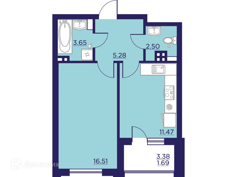 Планировка 1-комнатной квартиры 41.1 м² в ЖК Городские Сады, г. Воронеж — фото 2