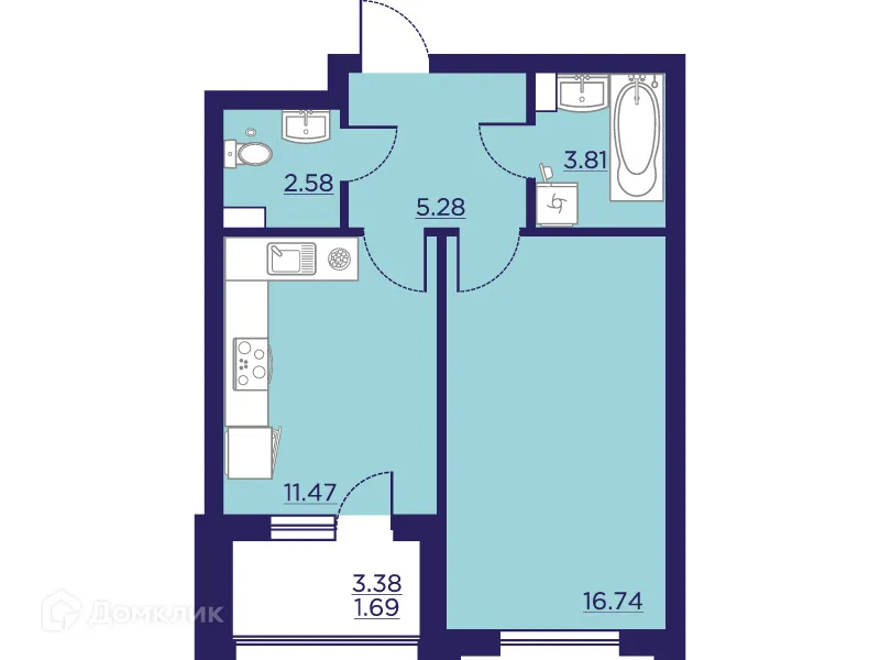 Планировка 1-комнатной квартиры 41.57 м² в ЖК Городские Сады, г. Воронеж — фото 2