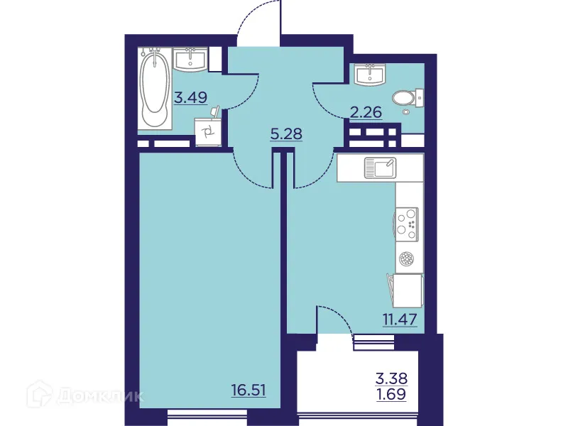 Планировка 1-комнатной квартиры 40.7 м² в ЖК Городские Сады, г. Воронеж — фото 1