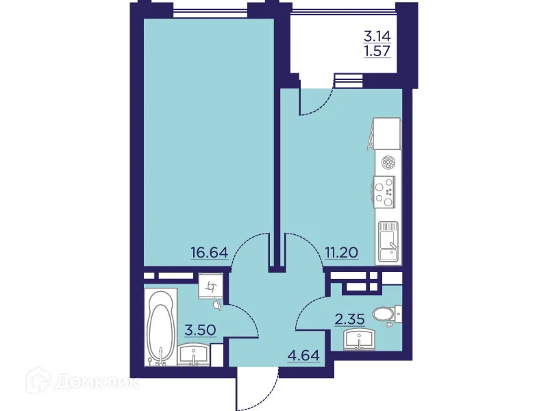 Планировка 1-комнатной квартиры 39.9 м² в ЖК Городские Сады, г. Воронеж — фото 2